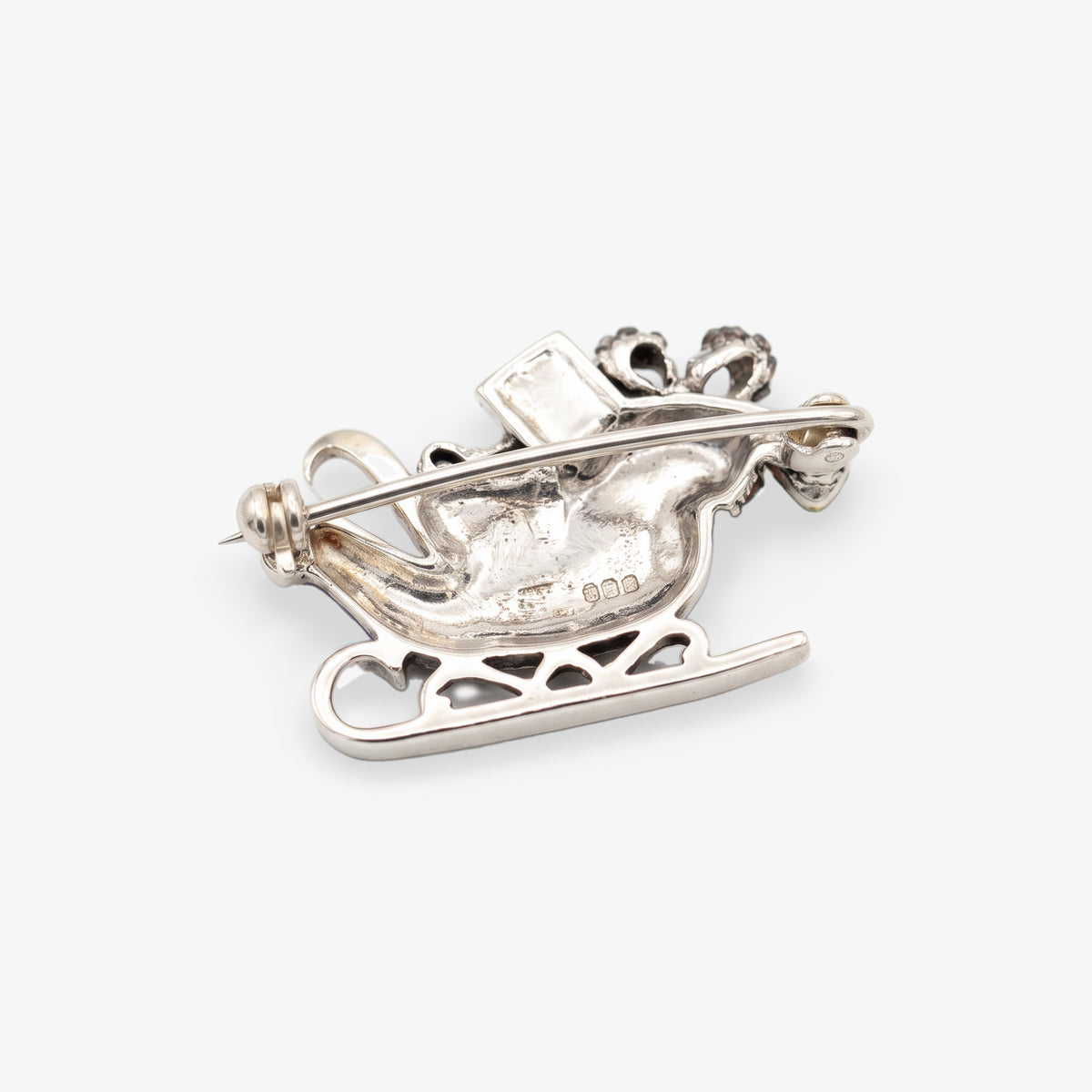 Sterling Silver Enamel & Marcasite Santa Sleigh Brooch detail view