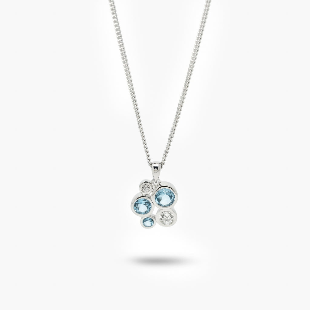 Silver Blue Topaz and CZ Bubble Pendant Necklace