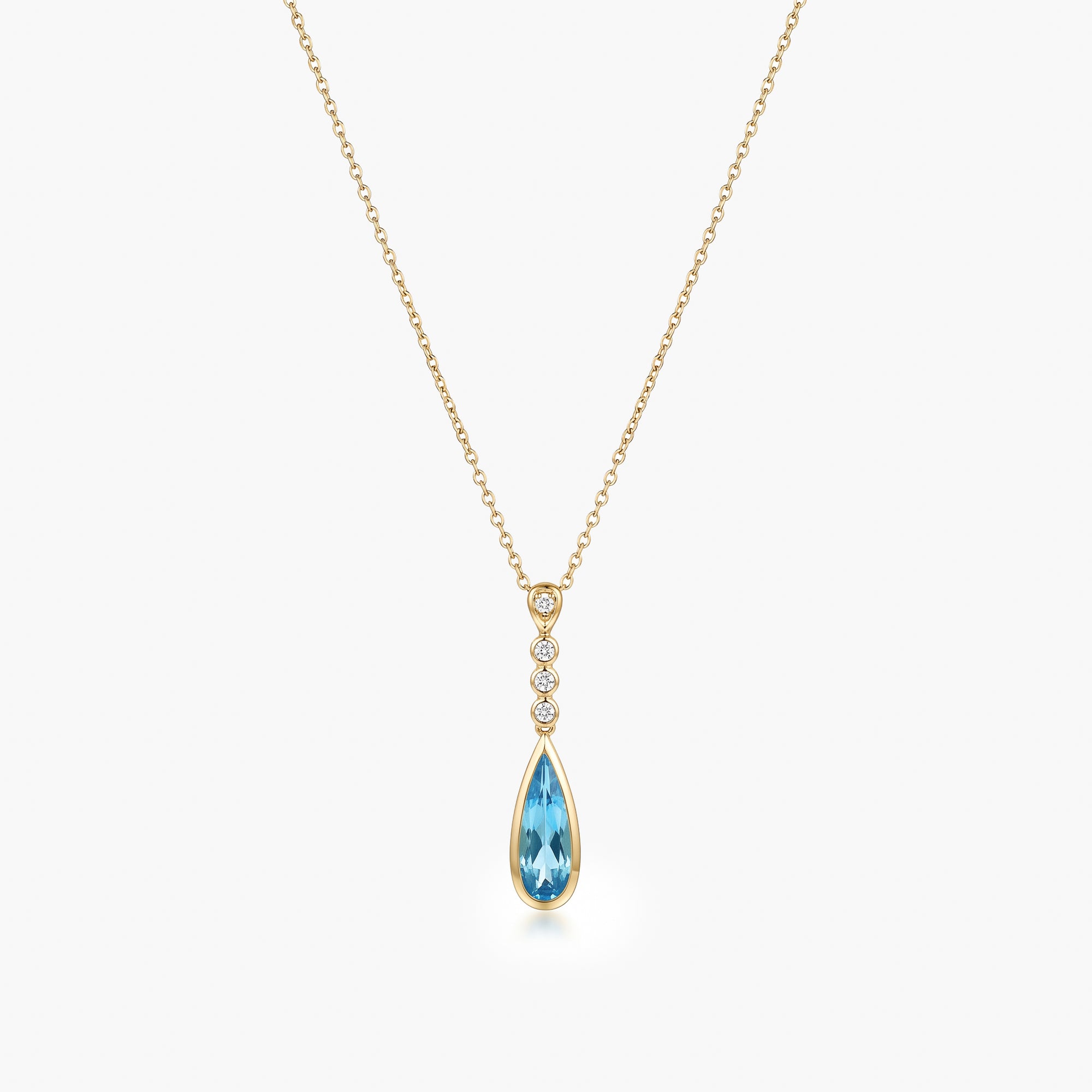9ct Yellow Gold Blue Topaz & Diamond Drop Pendant Necklace