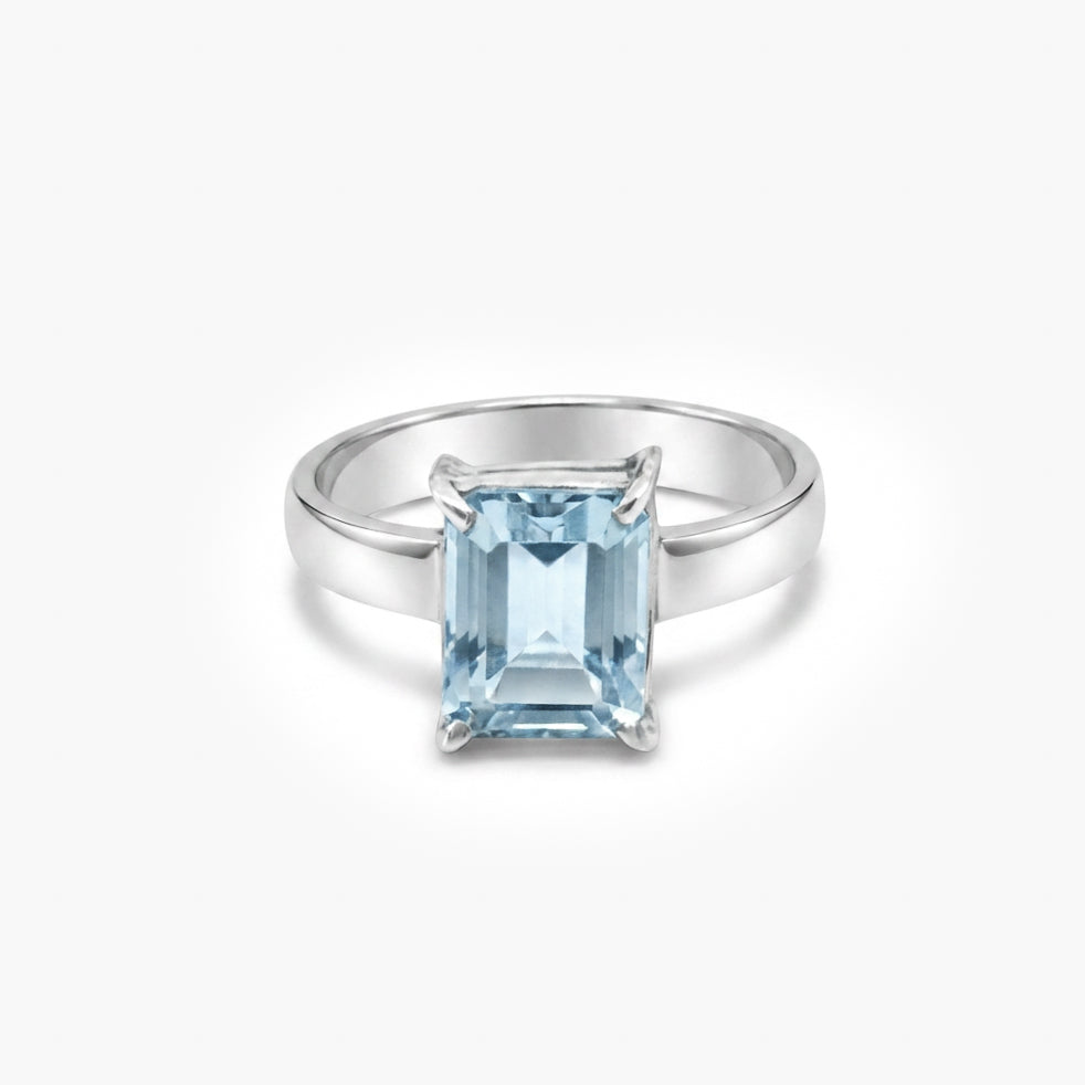 Silver Blue Topaz Emerald Cut Solitaire Ring
