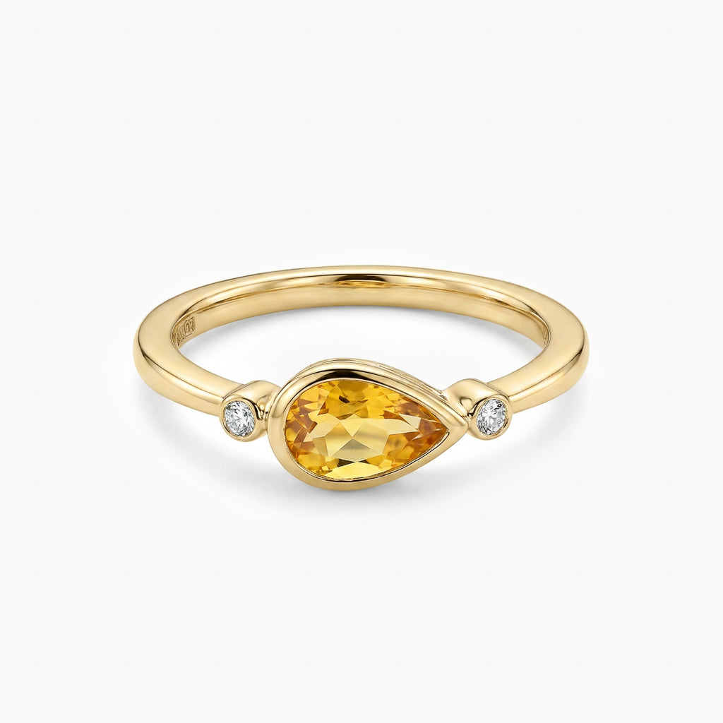 9ct Yellow Gold Pear-Cut Citrine & Diamond Bezel Ring
