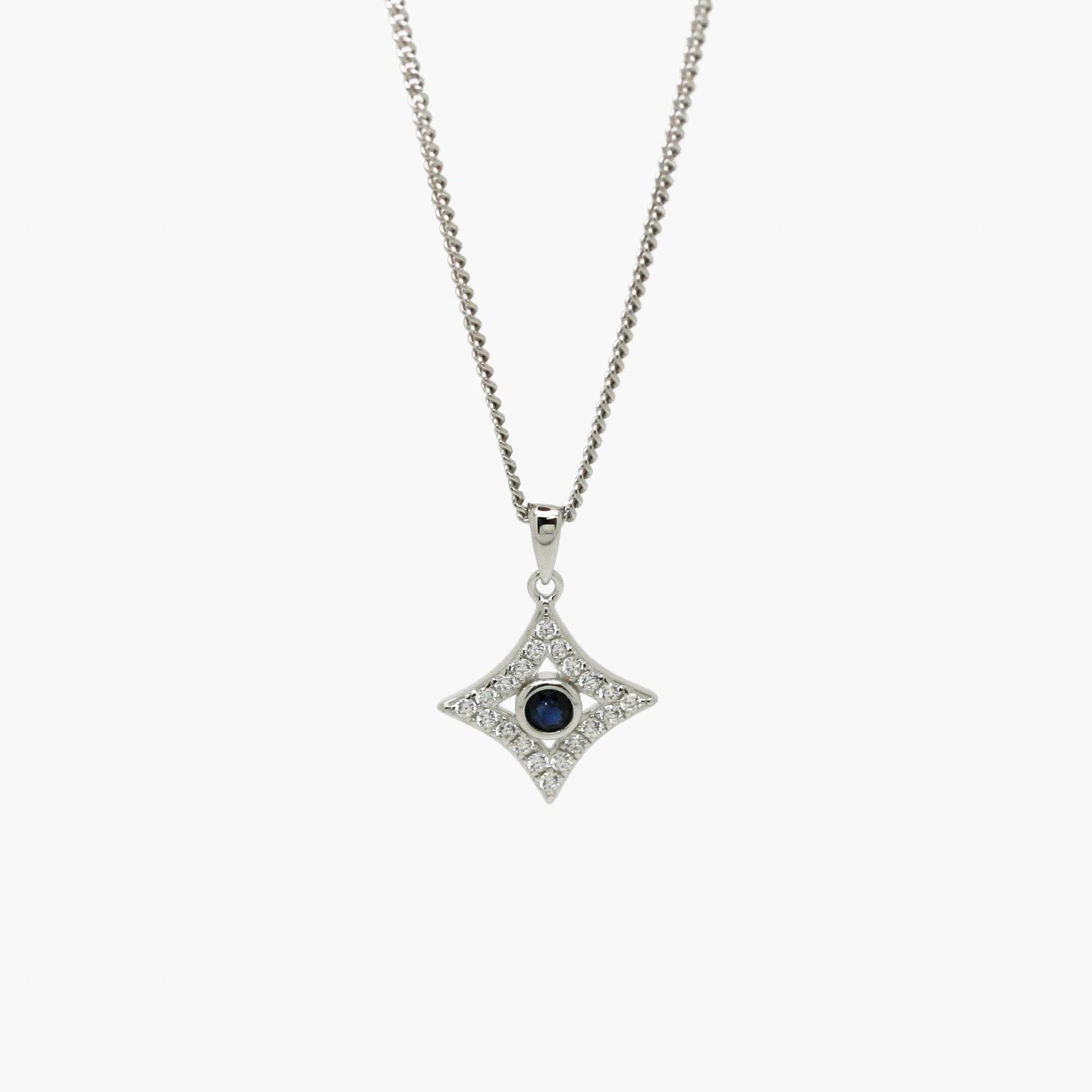 Silver Diamond-Shaped Sapphire & CZ Pendant Necklace - Jordans Jewellers