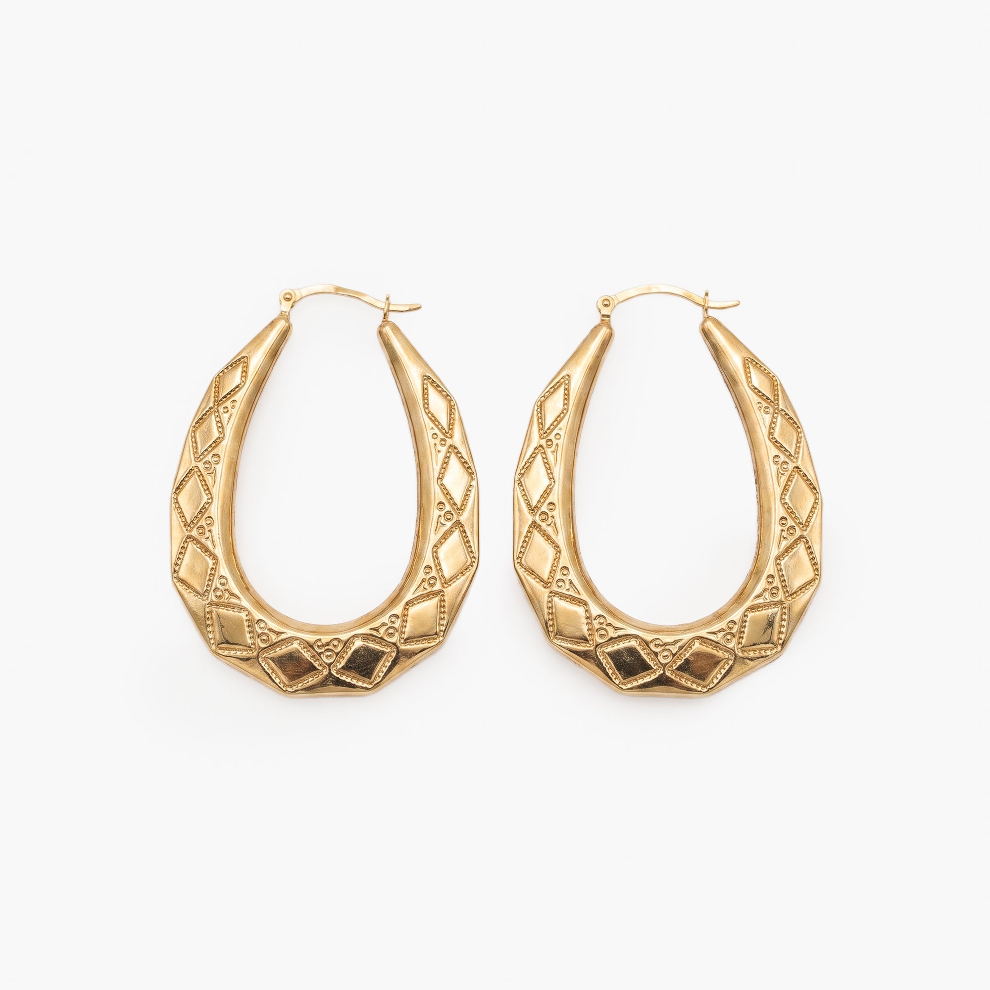 9ct Yellow Gold Diamond Pattern Engraved Creole Hoop Earrings