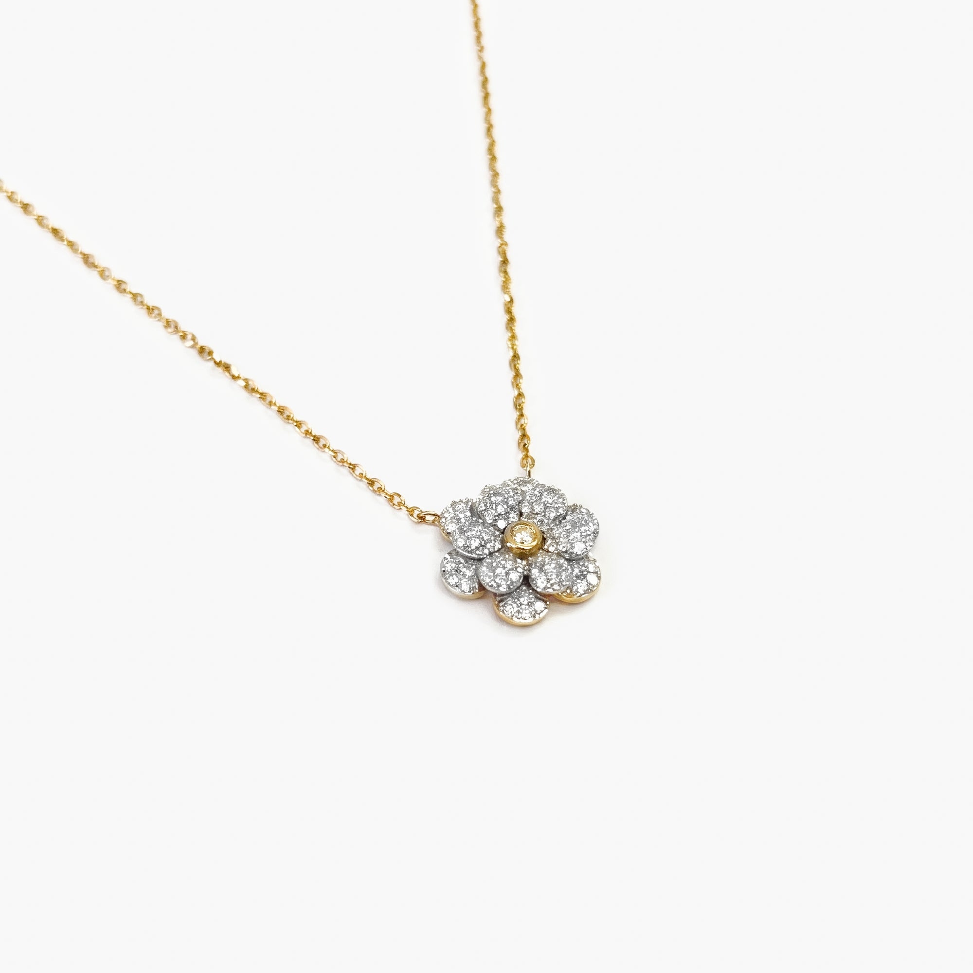 9ct Gold Diamond Pavé Flower Pendant Necklace