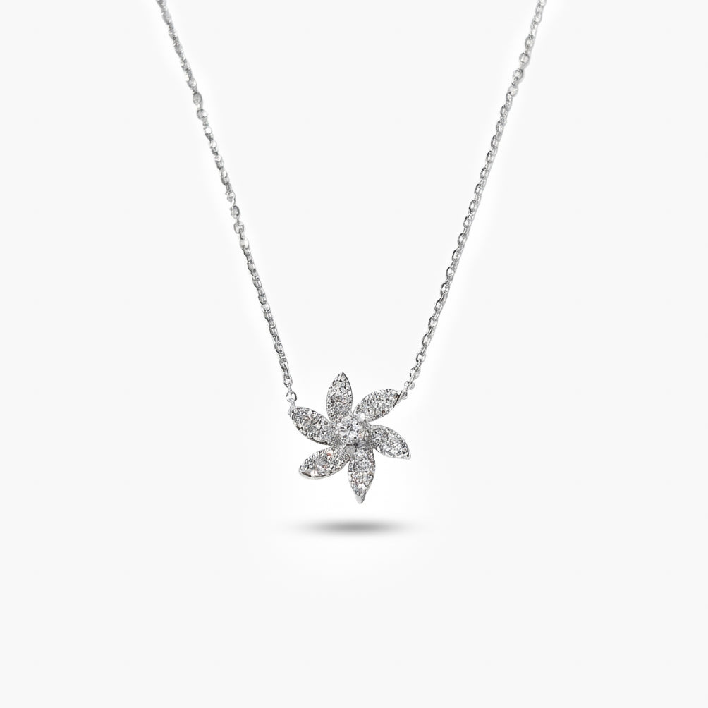 18ct White Gold Diamond Flower Pendant Necklace