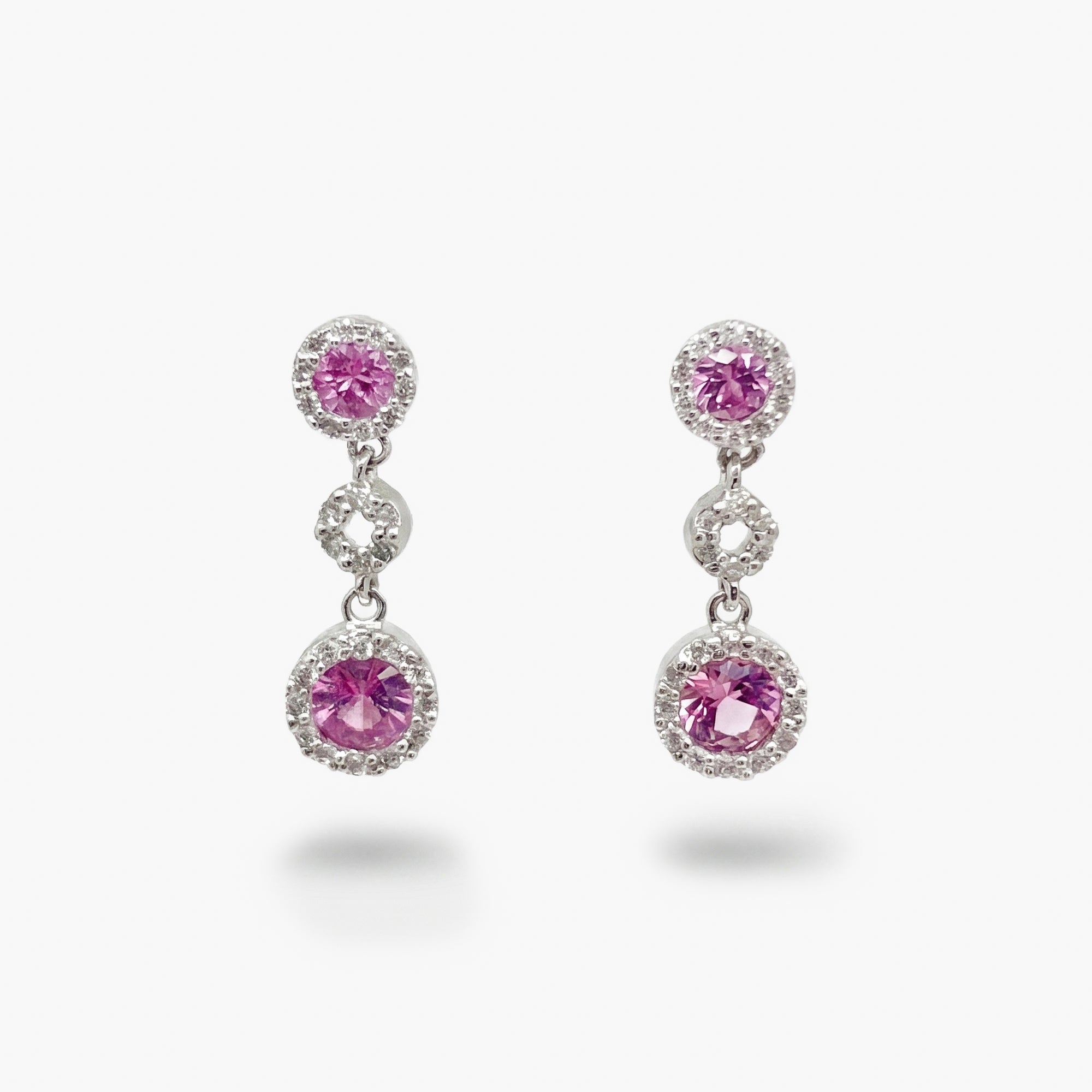 18ct White Gold Pink Sapphire & Diamond Double Drop Earrings