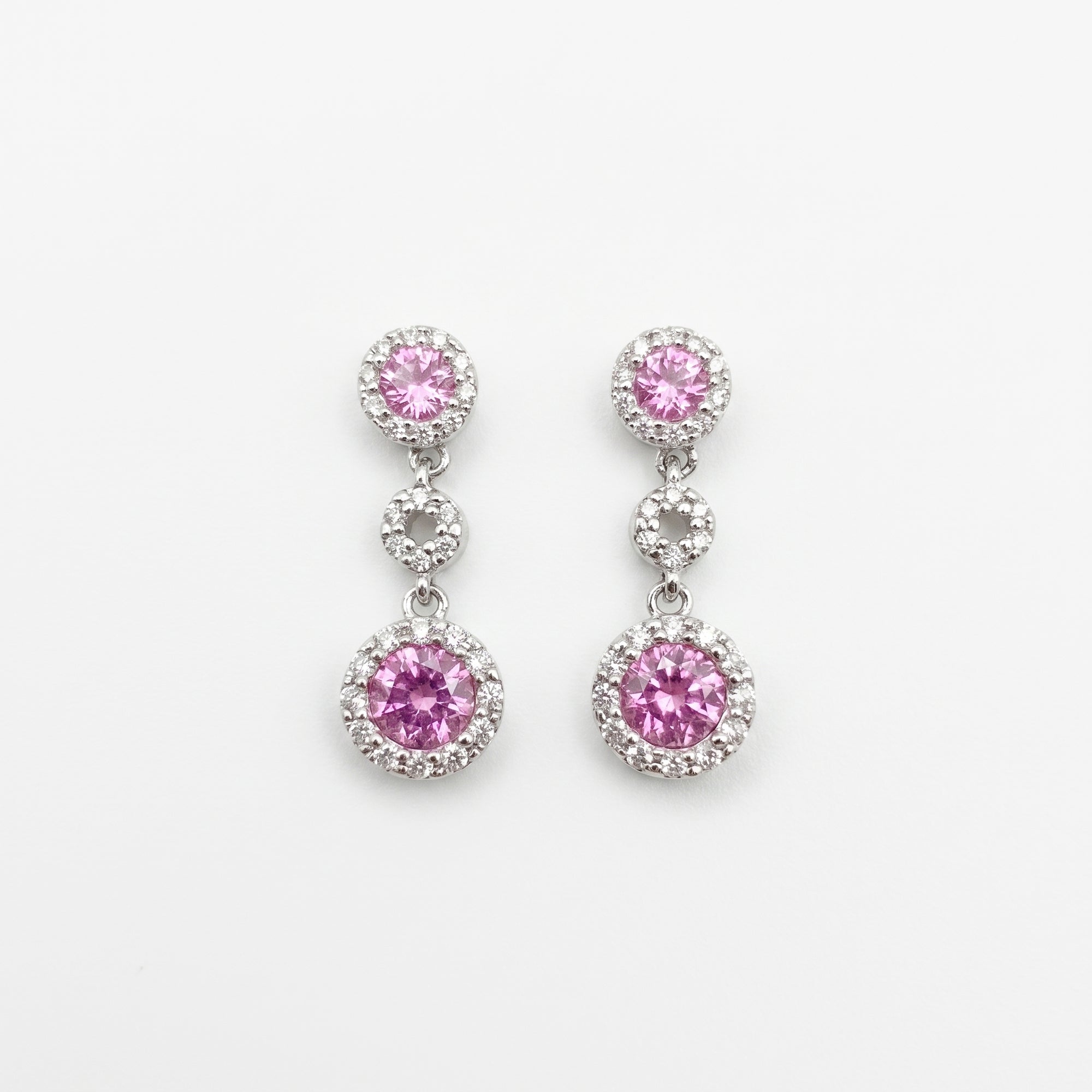 18ct White Gold Pink Sapphire & Diamond Double Drop Earrings