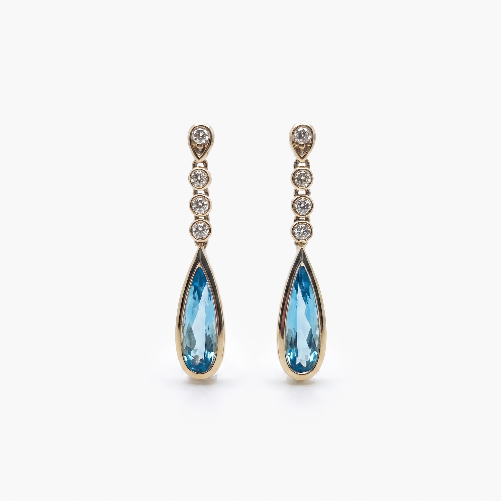 9ct Yellow Gold Blue Topaz & Diamond Drop Earrings