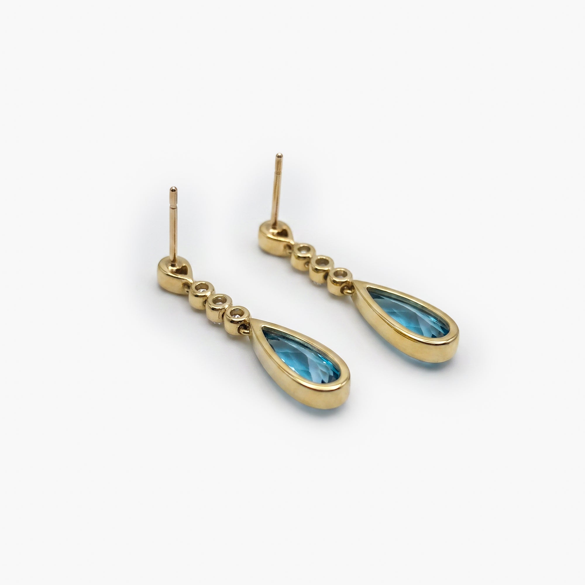 9ct Yellow Gold Blue Topaz & Diamond Drop Earrings