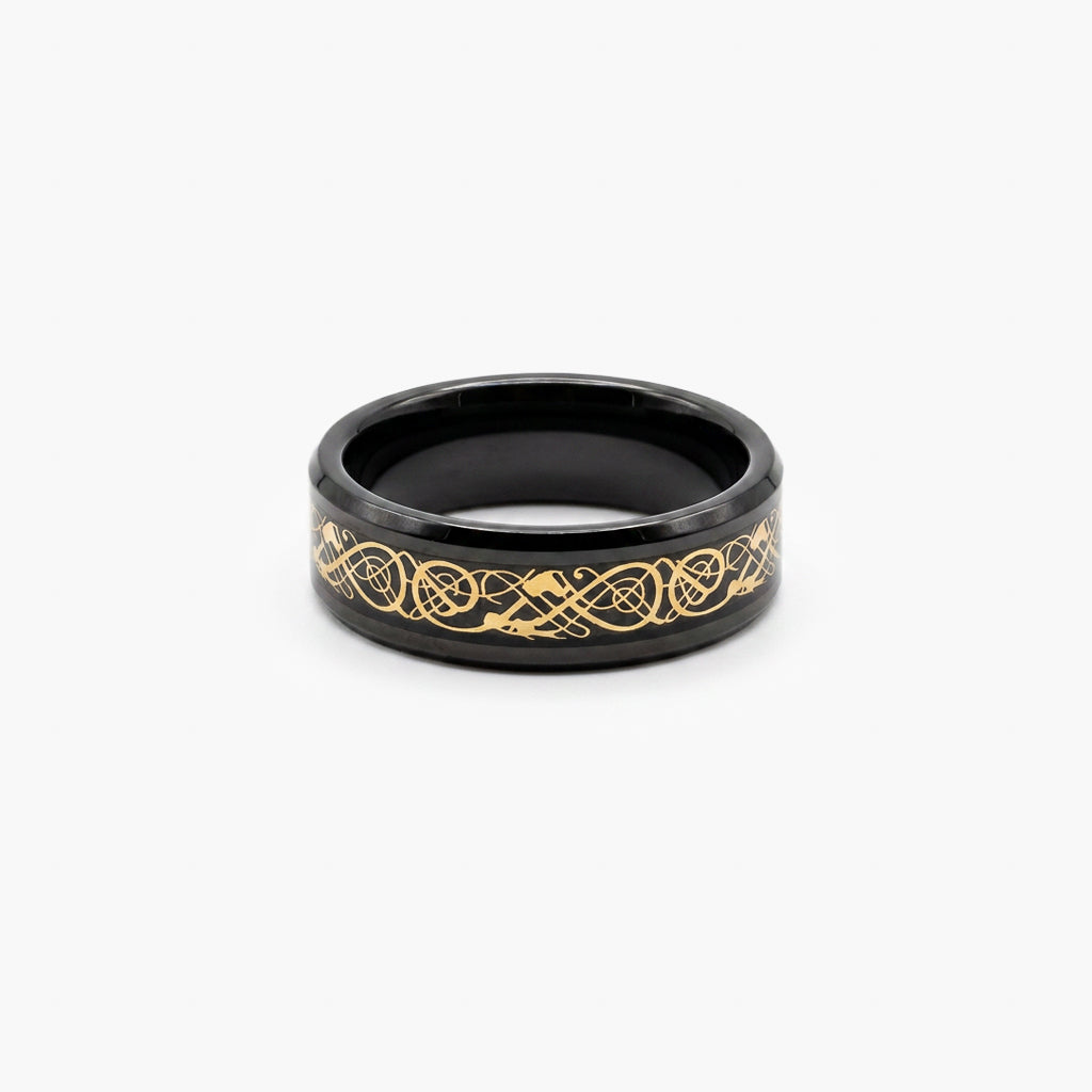Men's Black Tungsten Ring with Gold IP Norse Dragon Inlay