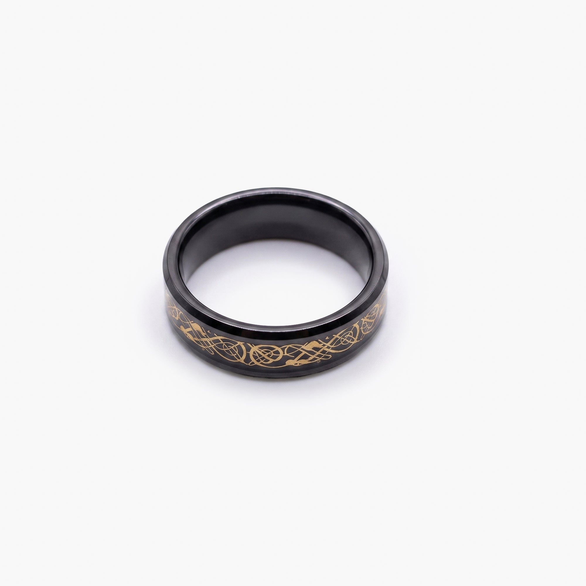 Men's Black Tungsten Ring with Gold IP Norse Dragon Inlay