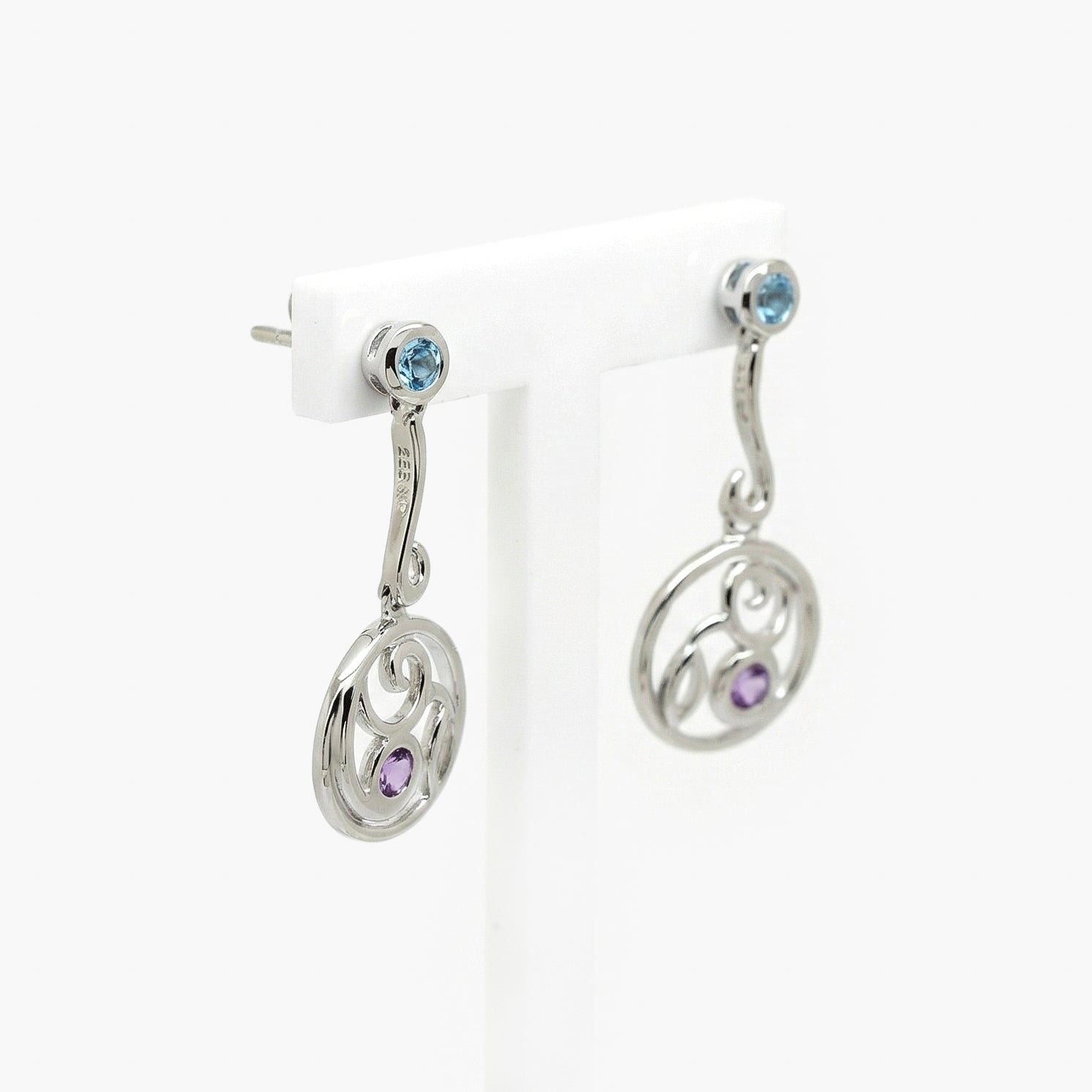 Silver Intricate Blue Topaz & Amethyst Drop Earrings