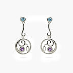 Silver Intricate Blue Topaz & Amethyst Drop Earrings