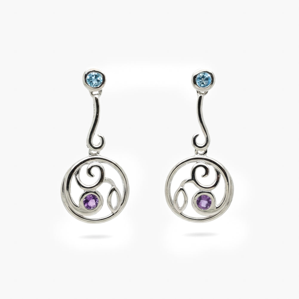 Silver Intricate Blue Topaz & Amethyst Drop Earrings