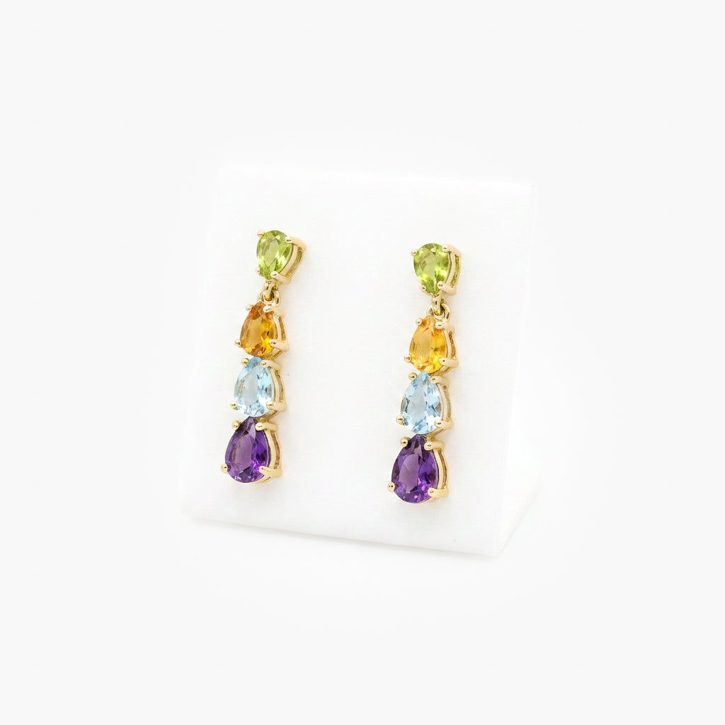 9ct Yellow Gold Multi-Gemstone Pear Cut Drop Earrings