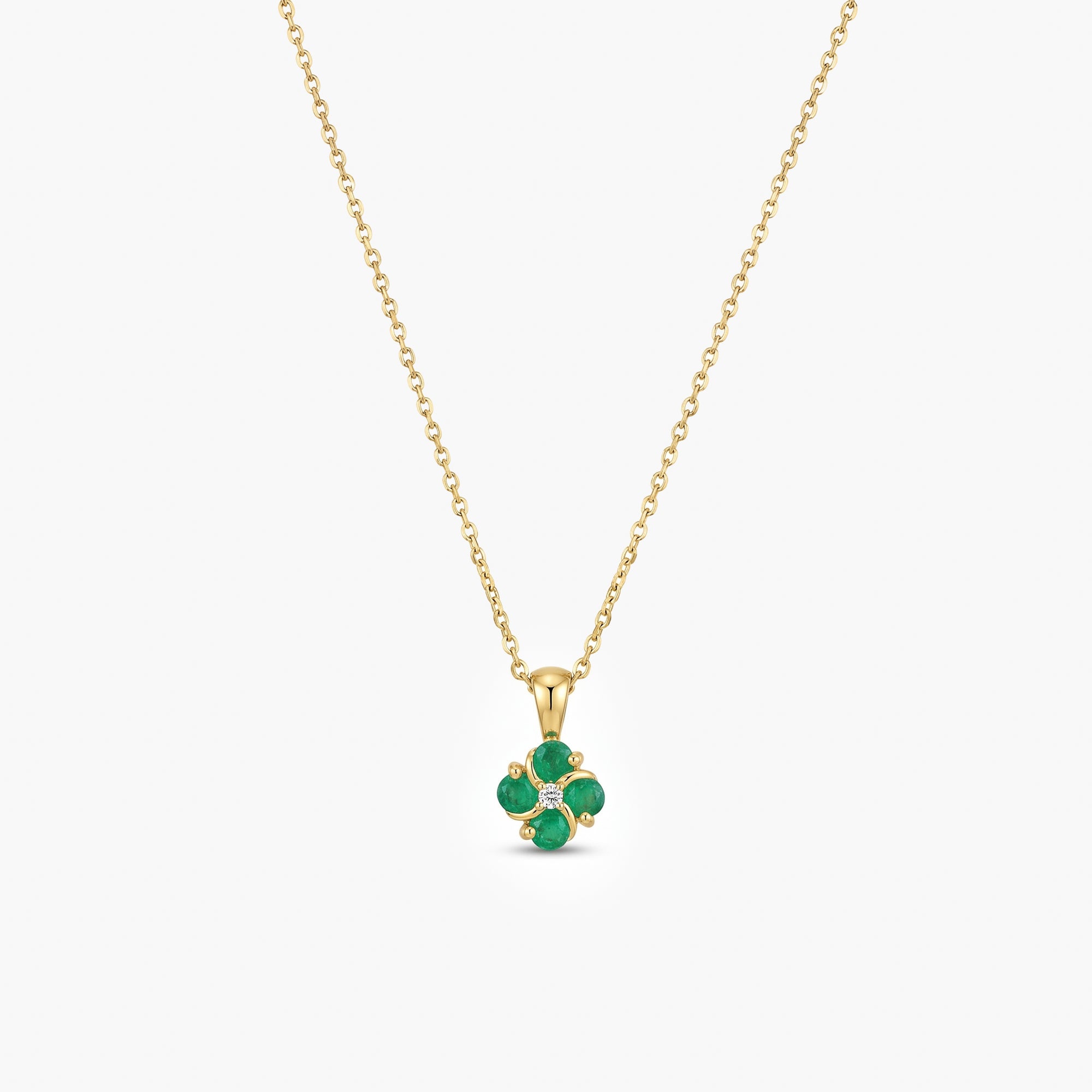 18ct Yellow Gold Emerald & Diamond Four-Leaf Clover Pendant Necklace
