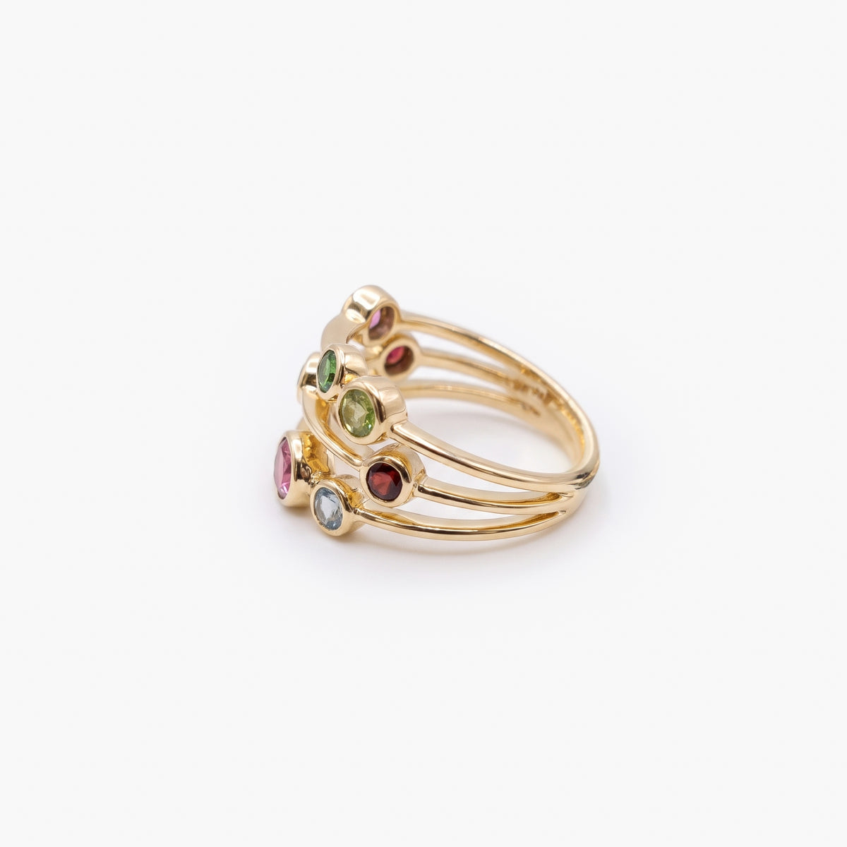 9ct Yellow Gold Multi Gemstone Three Row Bubble Ring