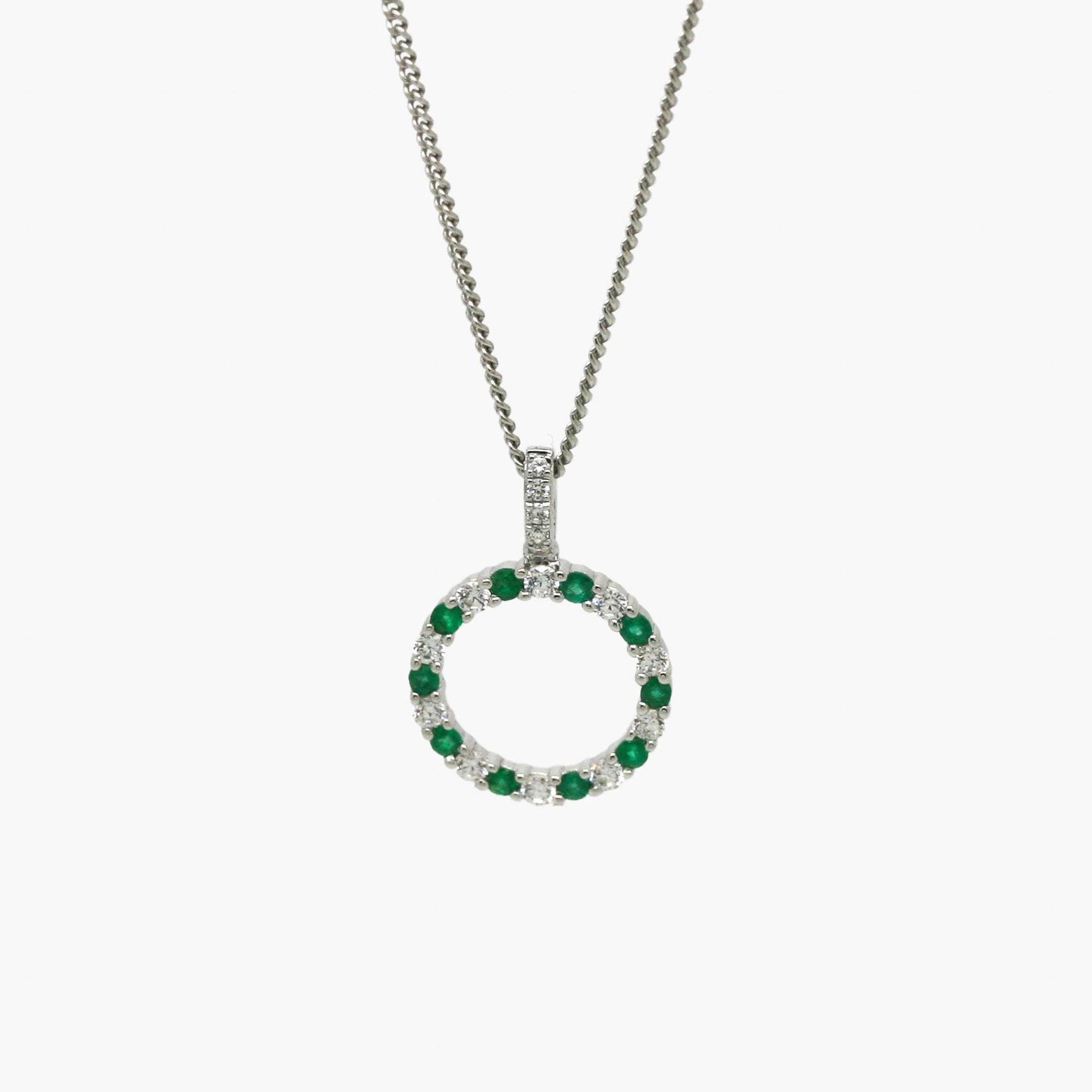 Silver Circle Emerald & CZ Pendant Necklace - Jordans Jewellers