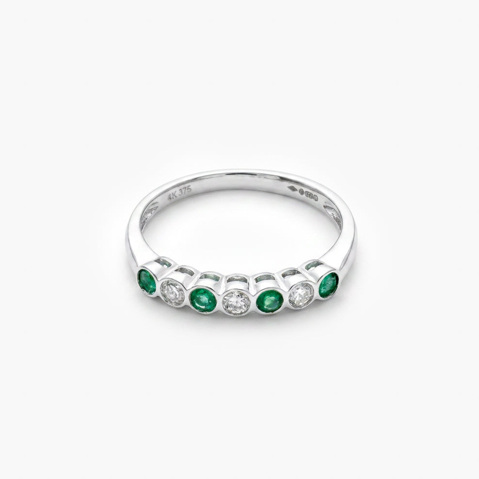 9ct White Gold Diamond and Emerald Half Eternity Ring