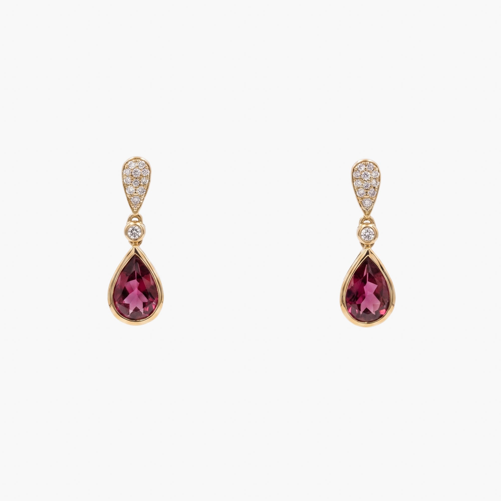 9ct Yellow Gold Rhodolite Garnet & Diamond Pear Drop Earrings