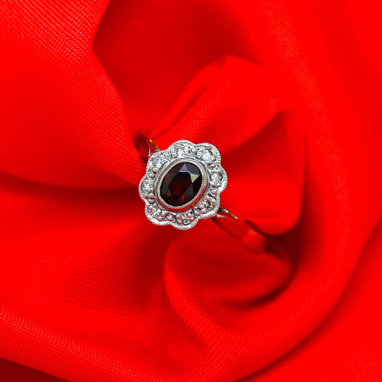 18ct Gold Platinum Garnet and Diamond Cluster Ring