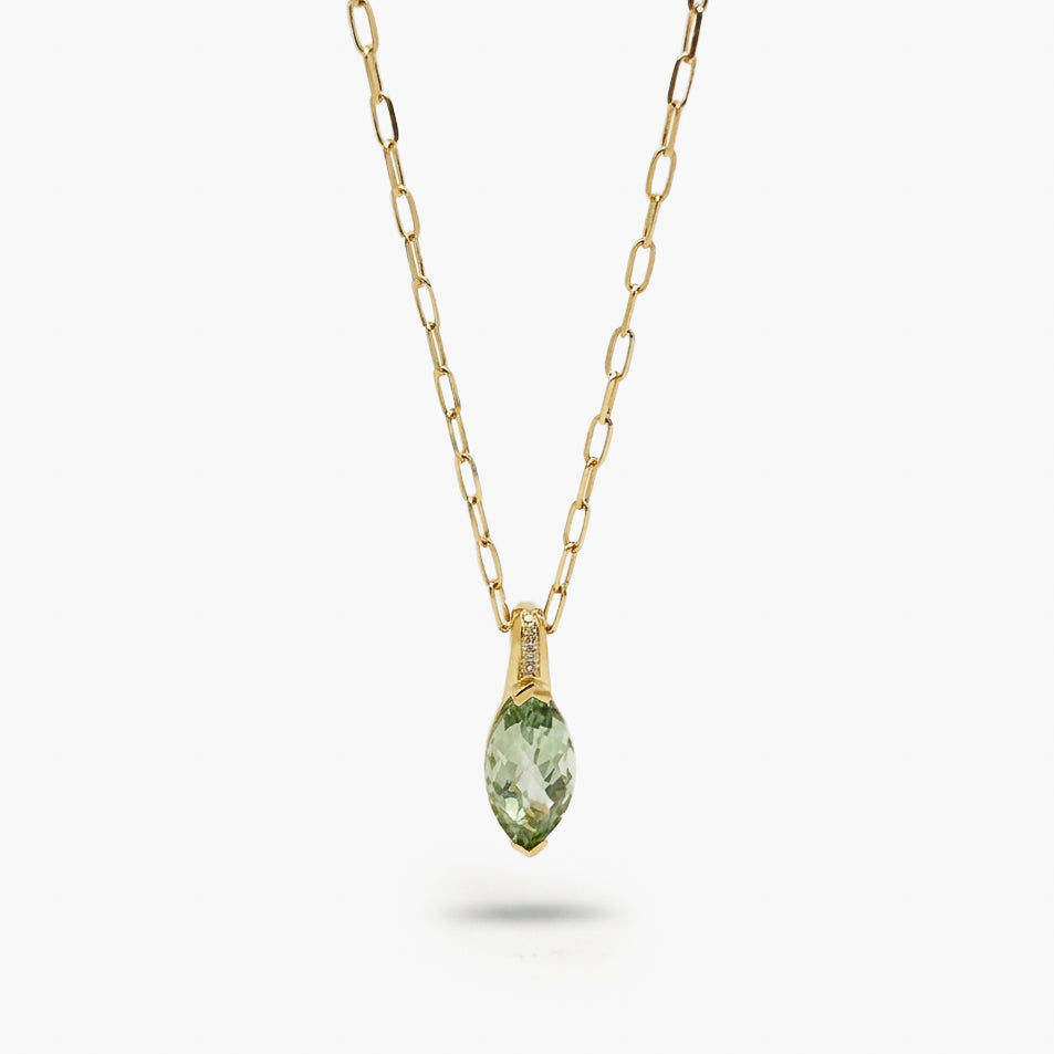 9ct Yellow Gold Green Amethyst & Diamond Marquise Pendant Necklace