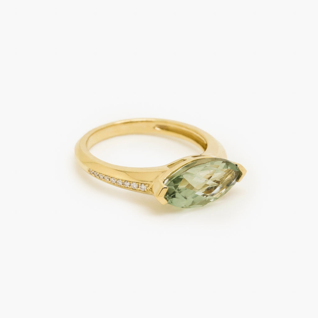 9ct Yellow Gold Green Amethyst & Diamond Marquise Ring