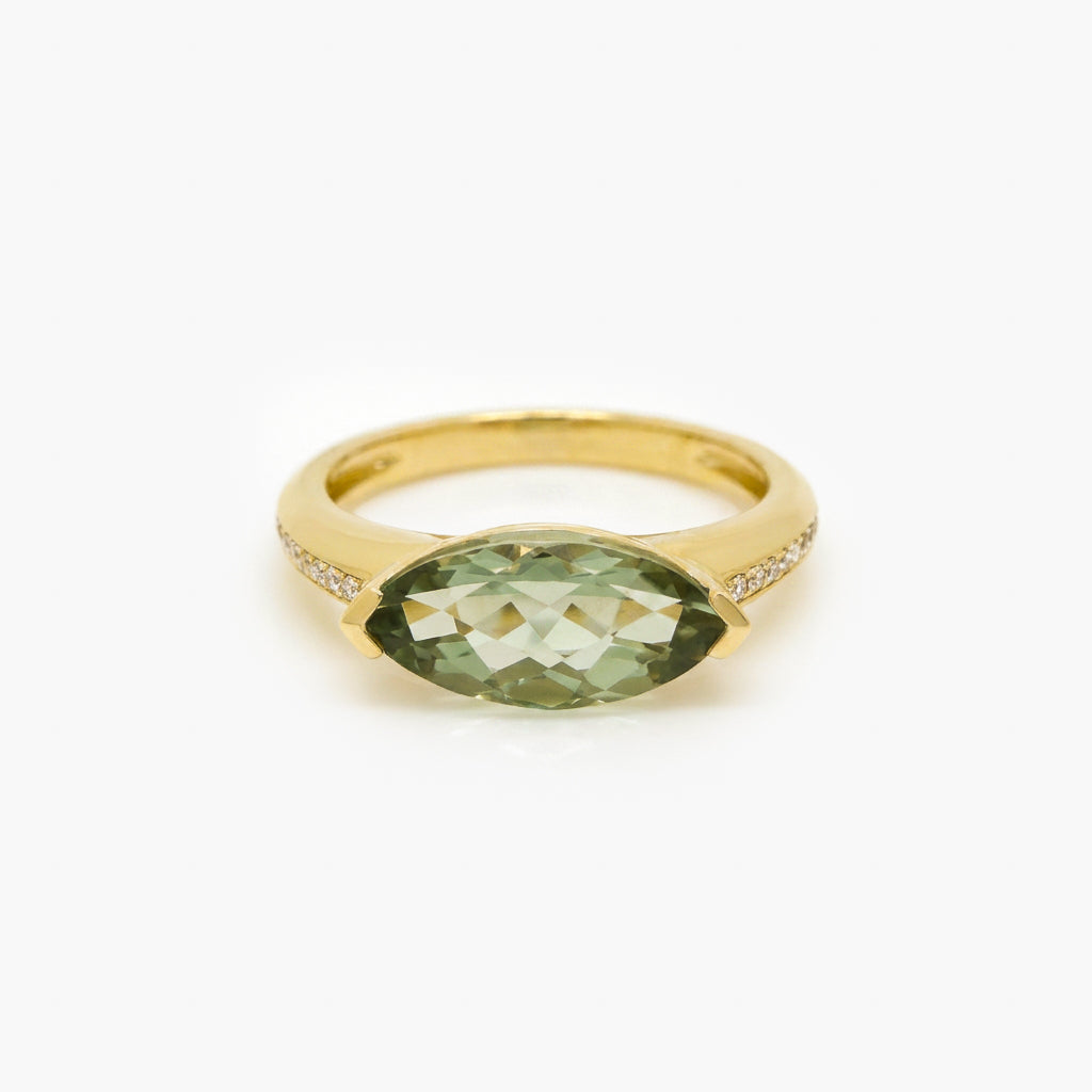 9ct Yellow Gold Green Amethyst & Diamond Marquise Ring