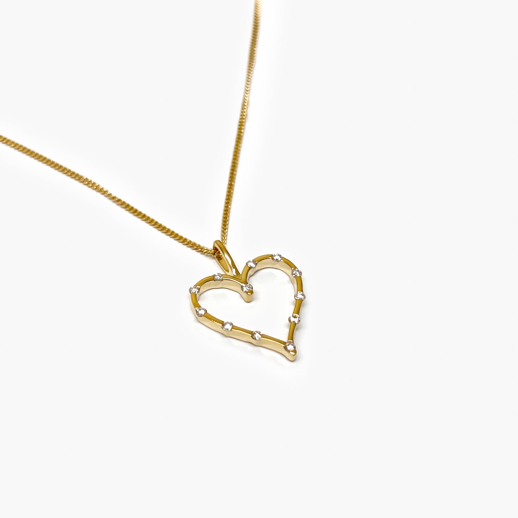 9ct Yellow Gold Diamond Station Open Heart Pendant Necklace