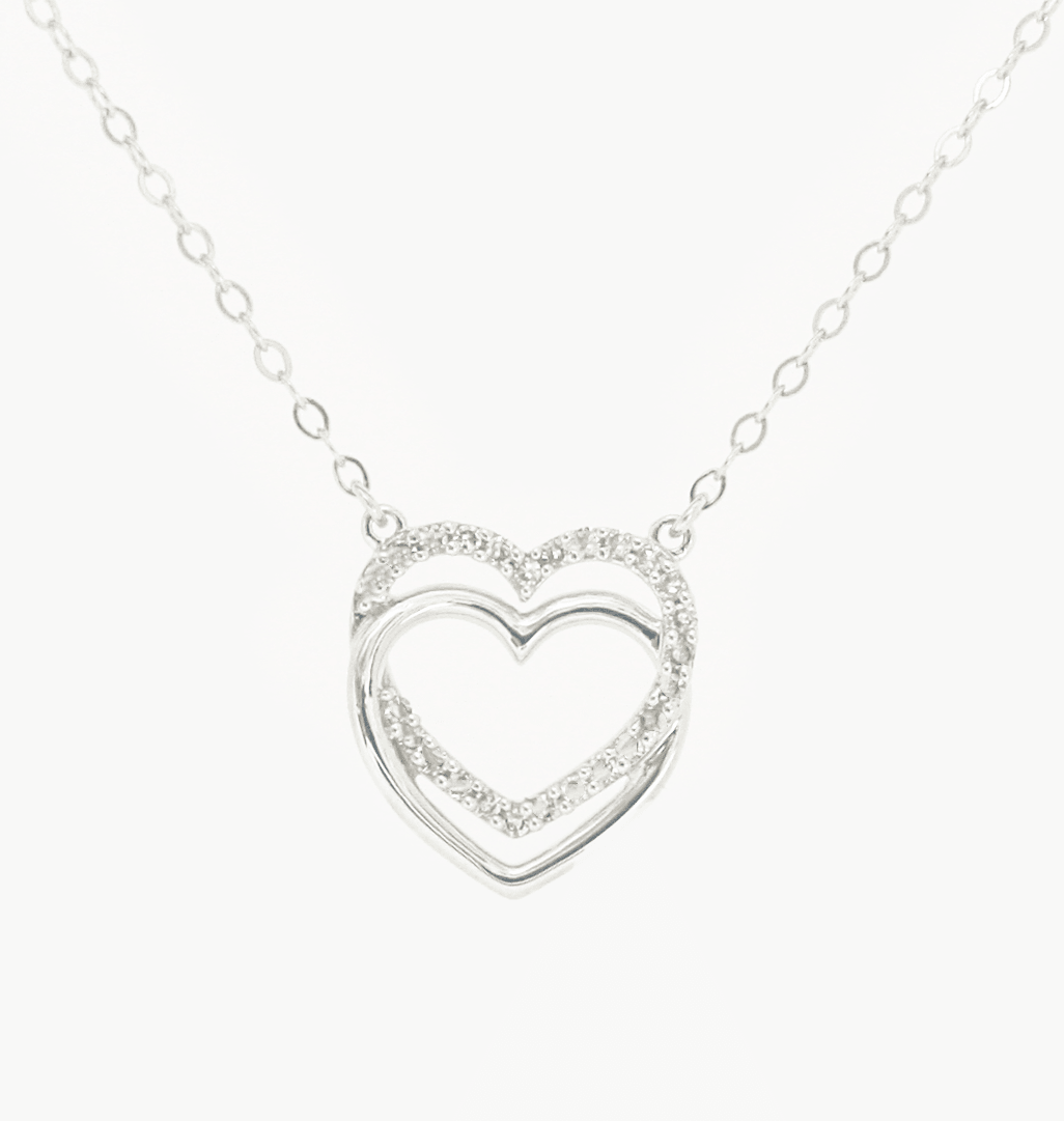 NEW 9 Carat White Gold Diamond Double Heart Necklace - Jordans Jewellers