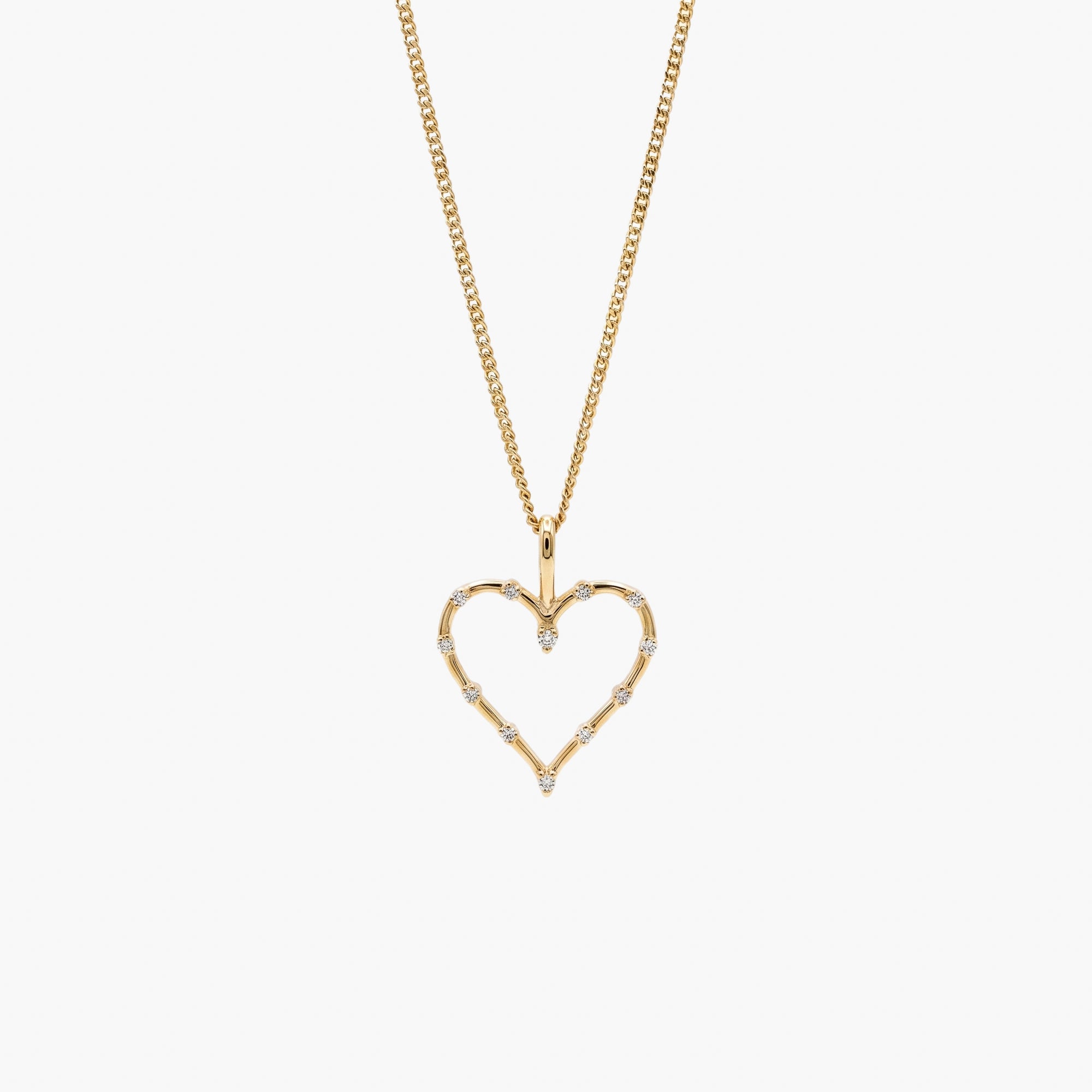 9ct Yellow Gold Diamond Station Open Heart Pendant Necklace