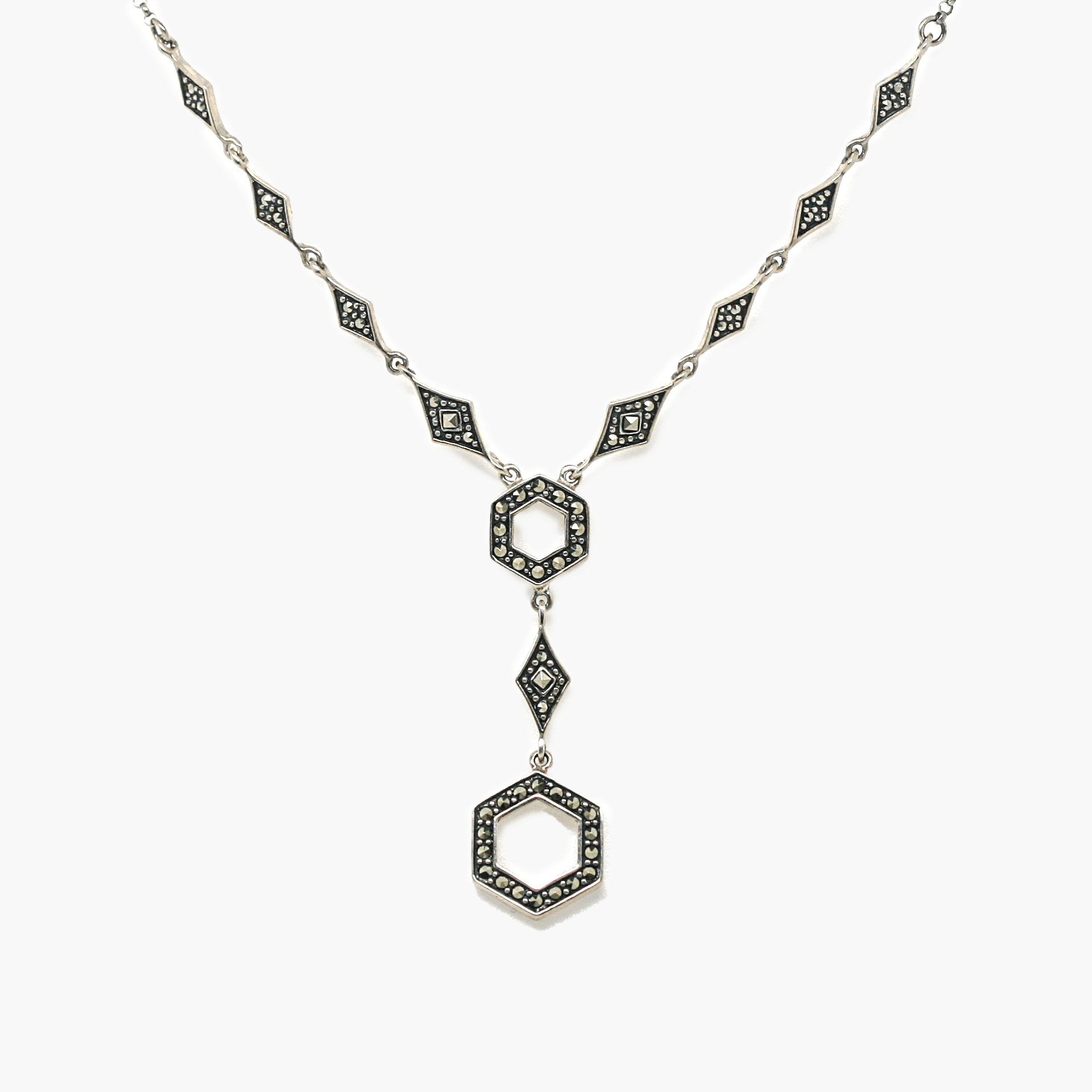 NEW Marcasite Hexagon Dangle Necklace - Jordans Jewellers