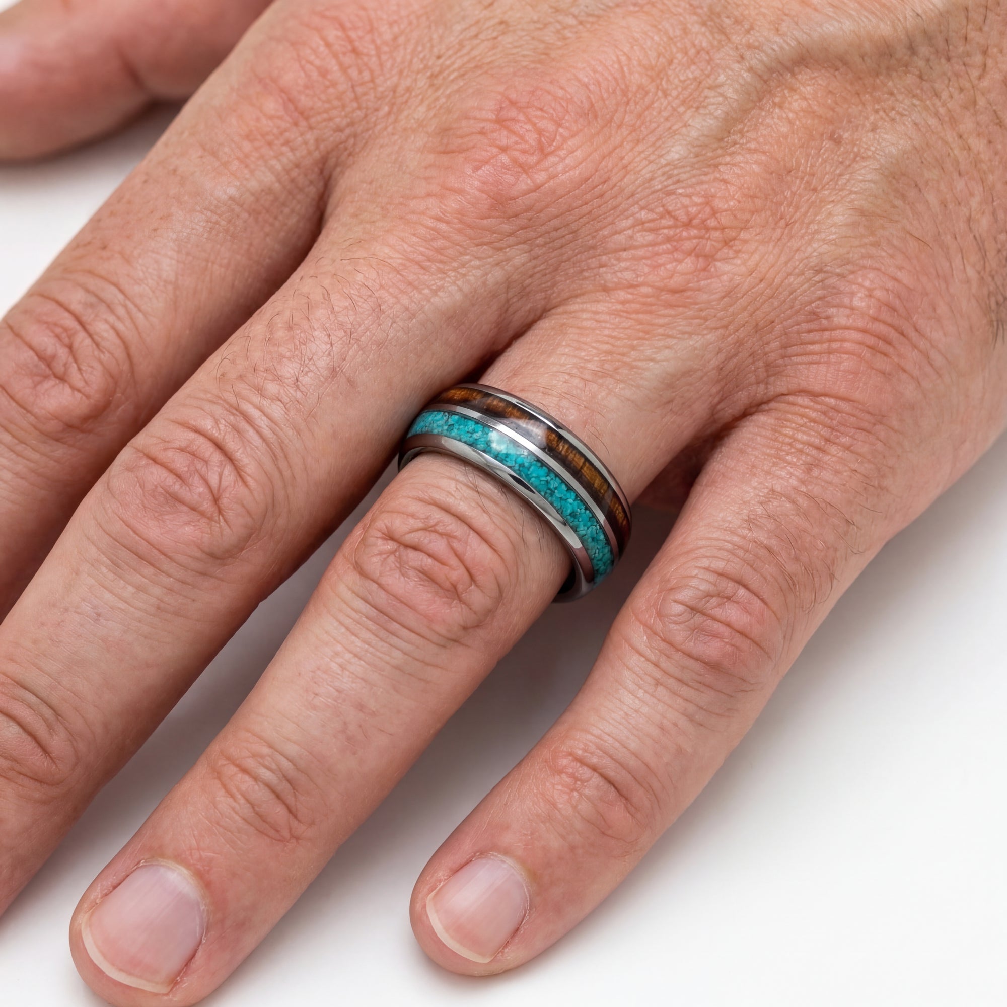 Men's Tungsten Carbide Ring with Wood & Turquoise Inlay