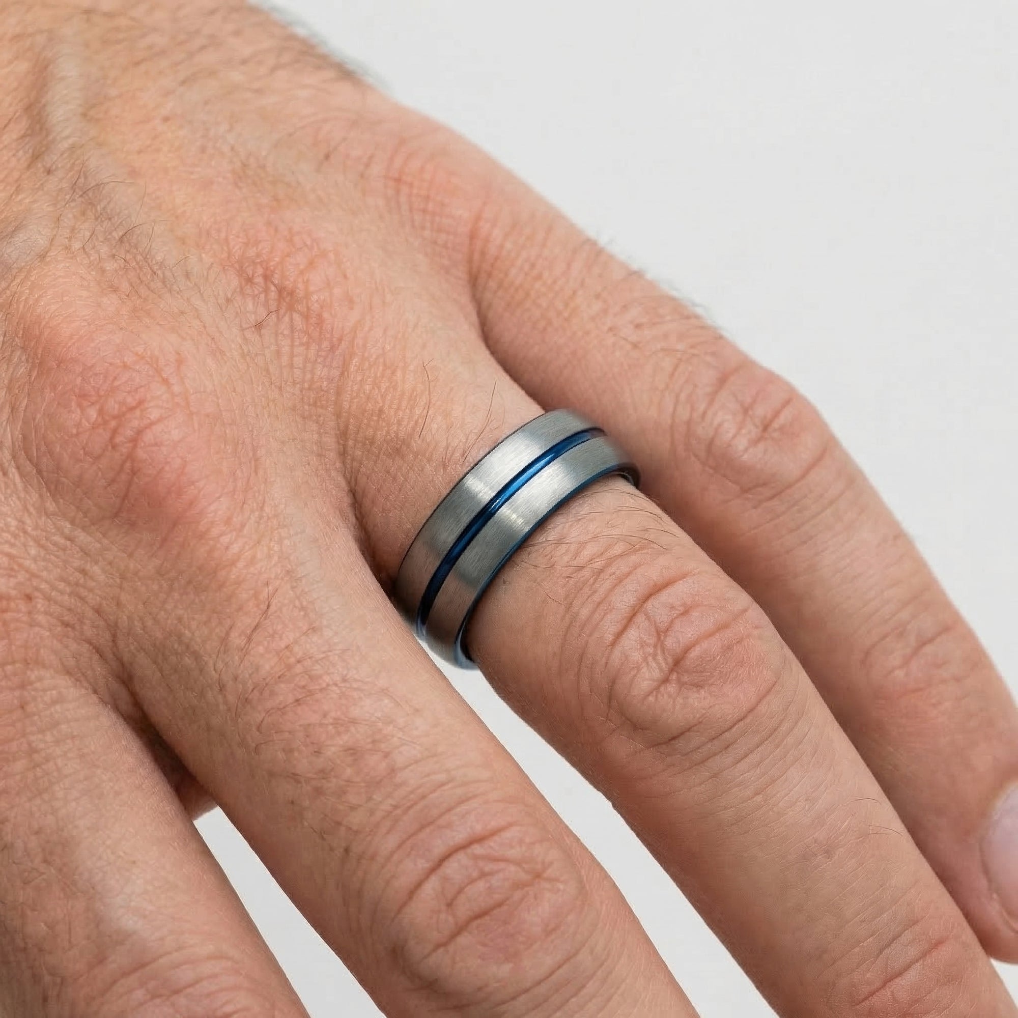 Men's Silver & Blue Tungsten Carbide Ring