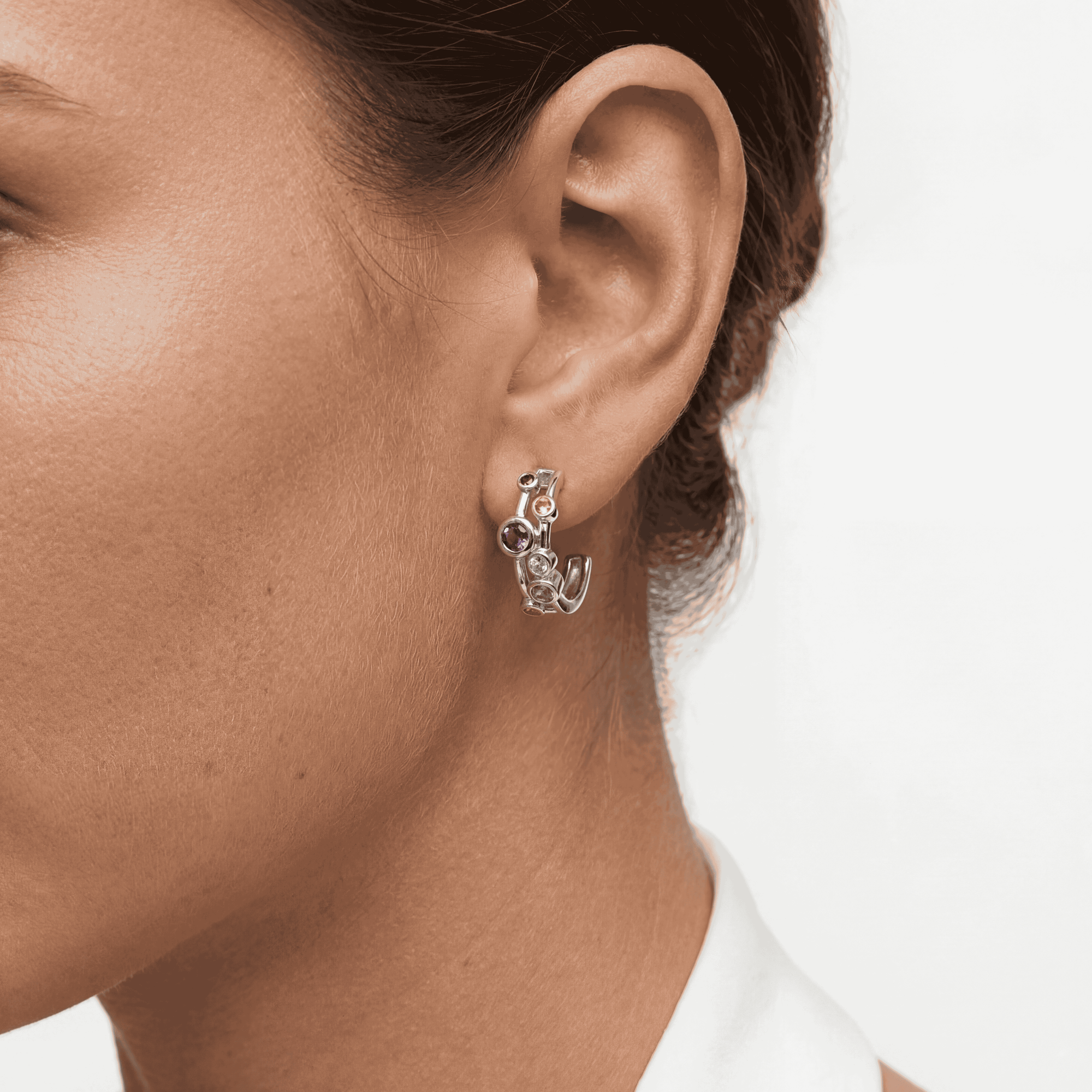 Silver Multi-Gemstone Hoop Earrings