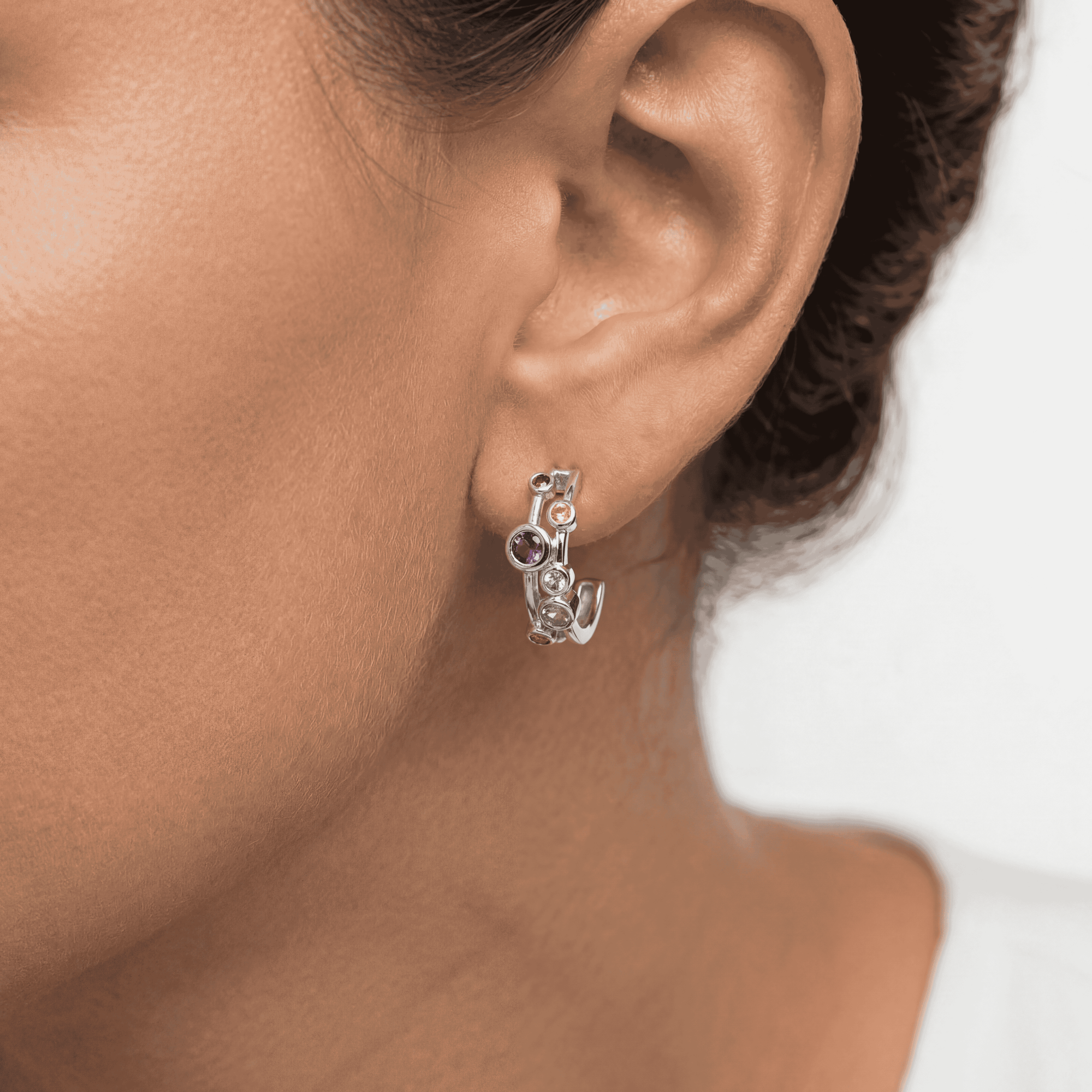 Silver Multi-Gemstone Hoop Earrings