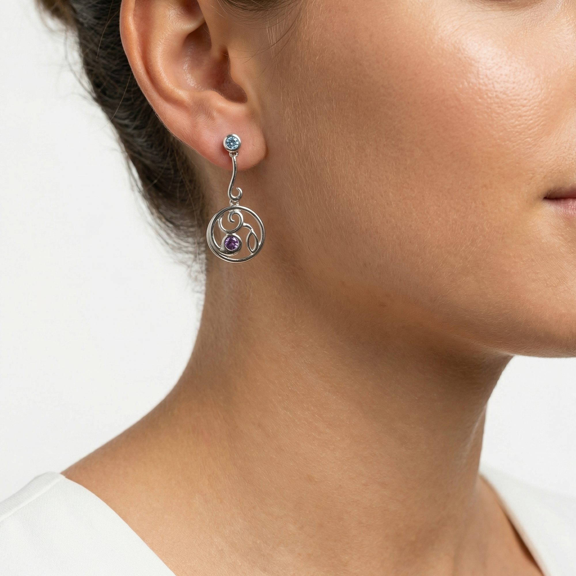 Silver Intricate Blue Topaz & Amethyst Drop Earrings