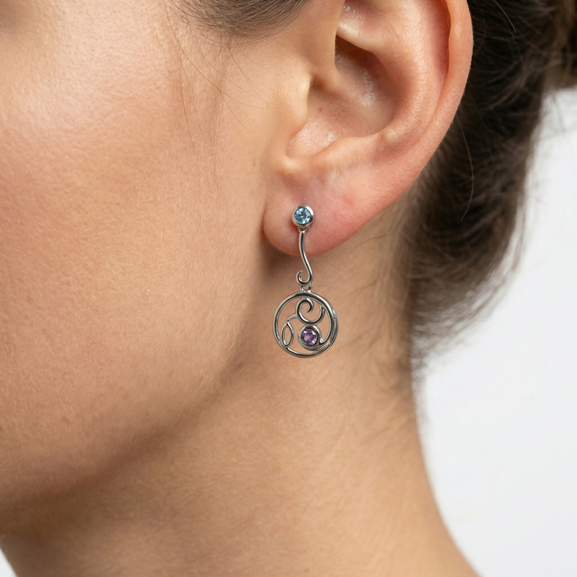 Silver Intricate Blue Topaz & Amethyst Drop Earrings