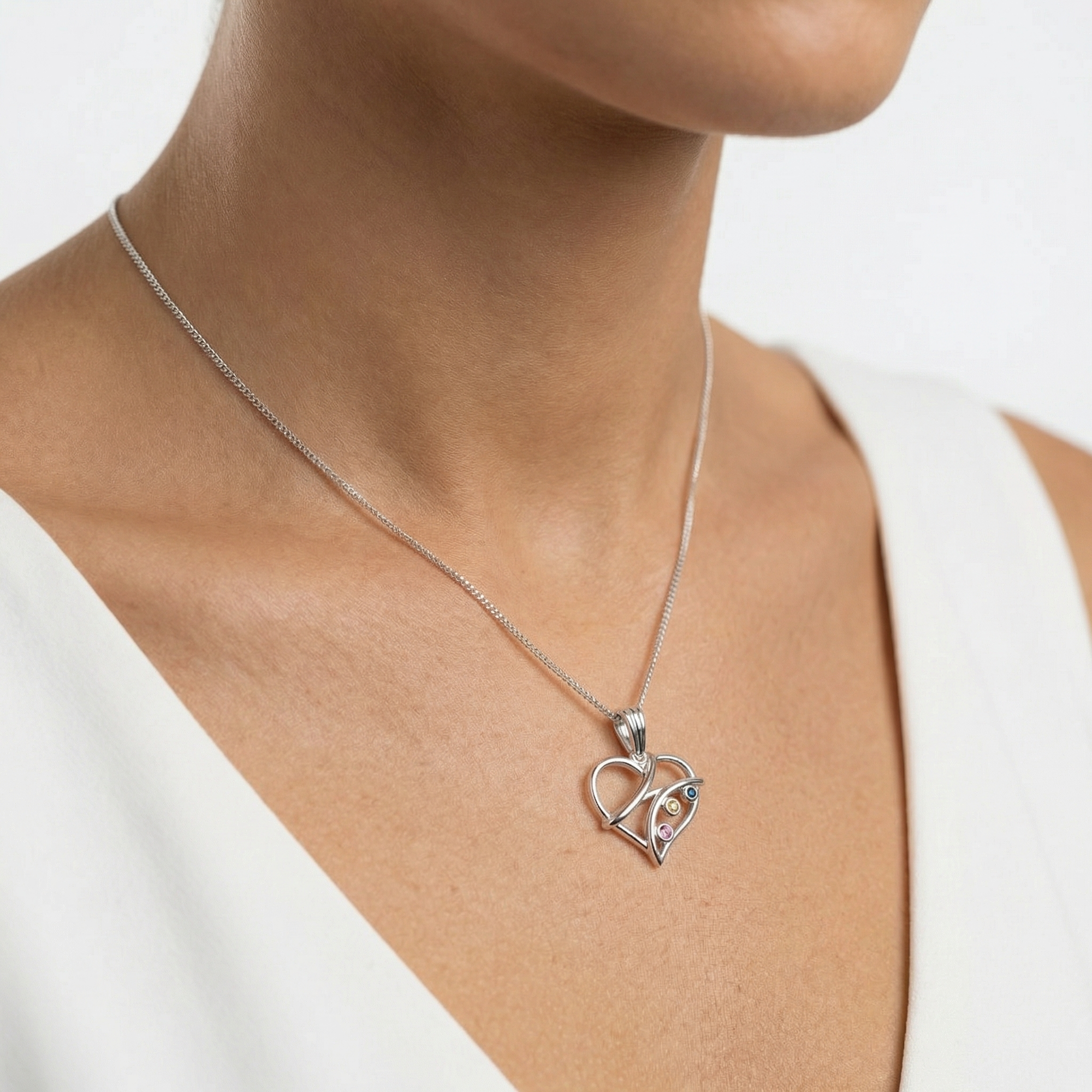 Silver Multi-Sapphire Heart Pendant Necklace