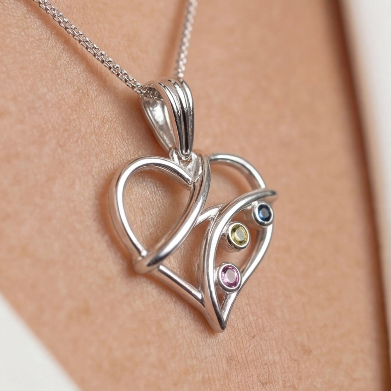 Silver Multi-Sapphire Heart Pendant Necklace