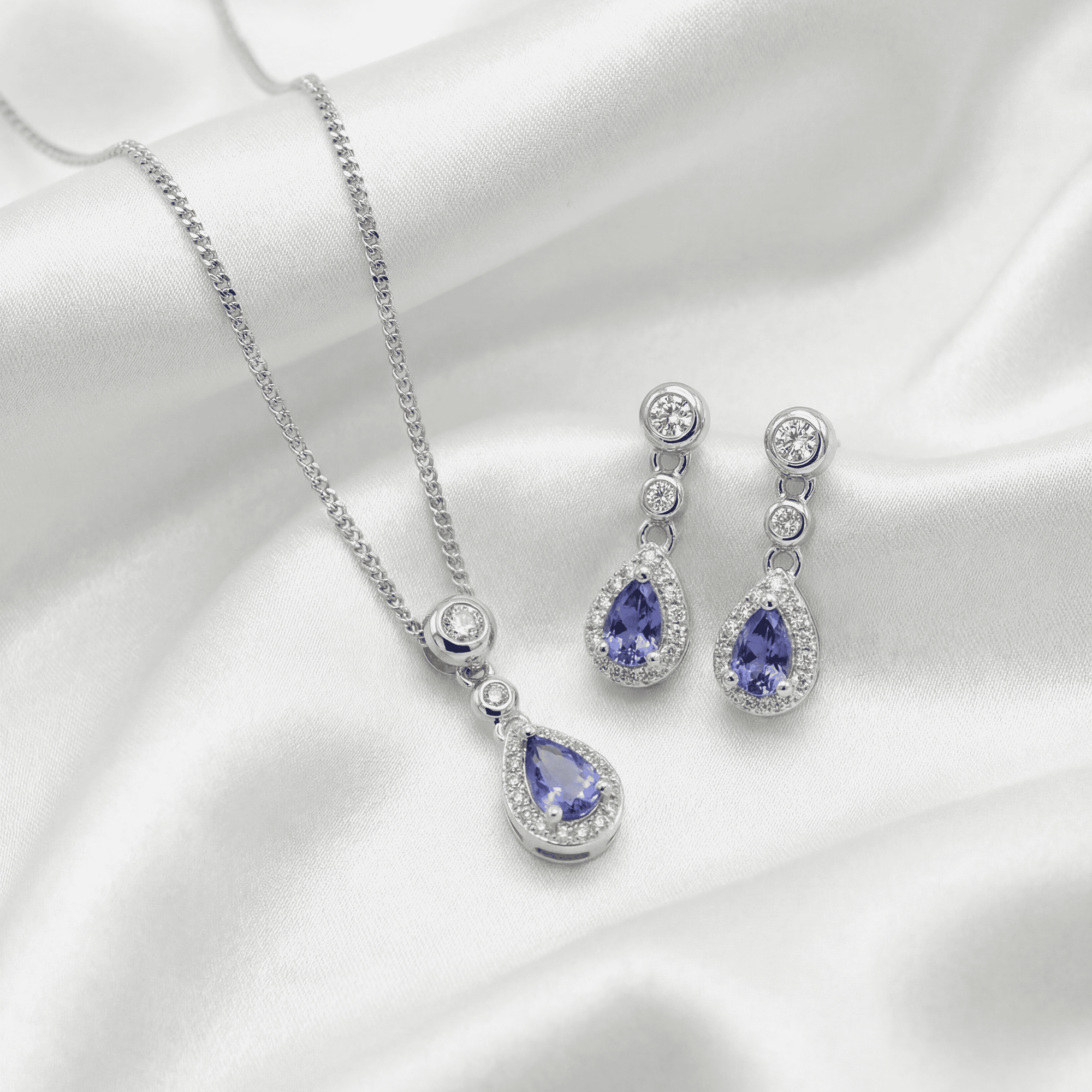Silver Tanzanite and Cubic Zirconia Drop Pendant Necklace