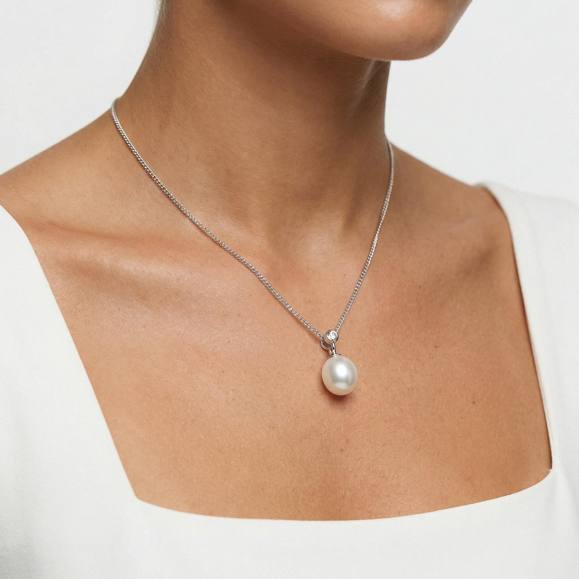 Pearl and Cubic Zirconia Drop Pendant Necklace