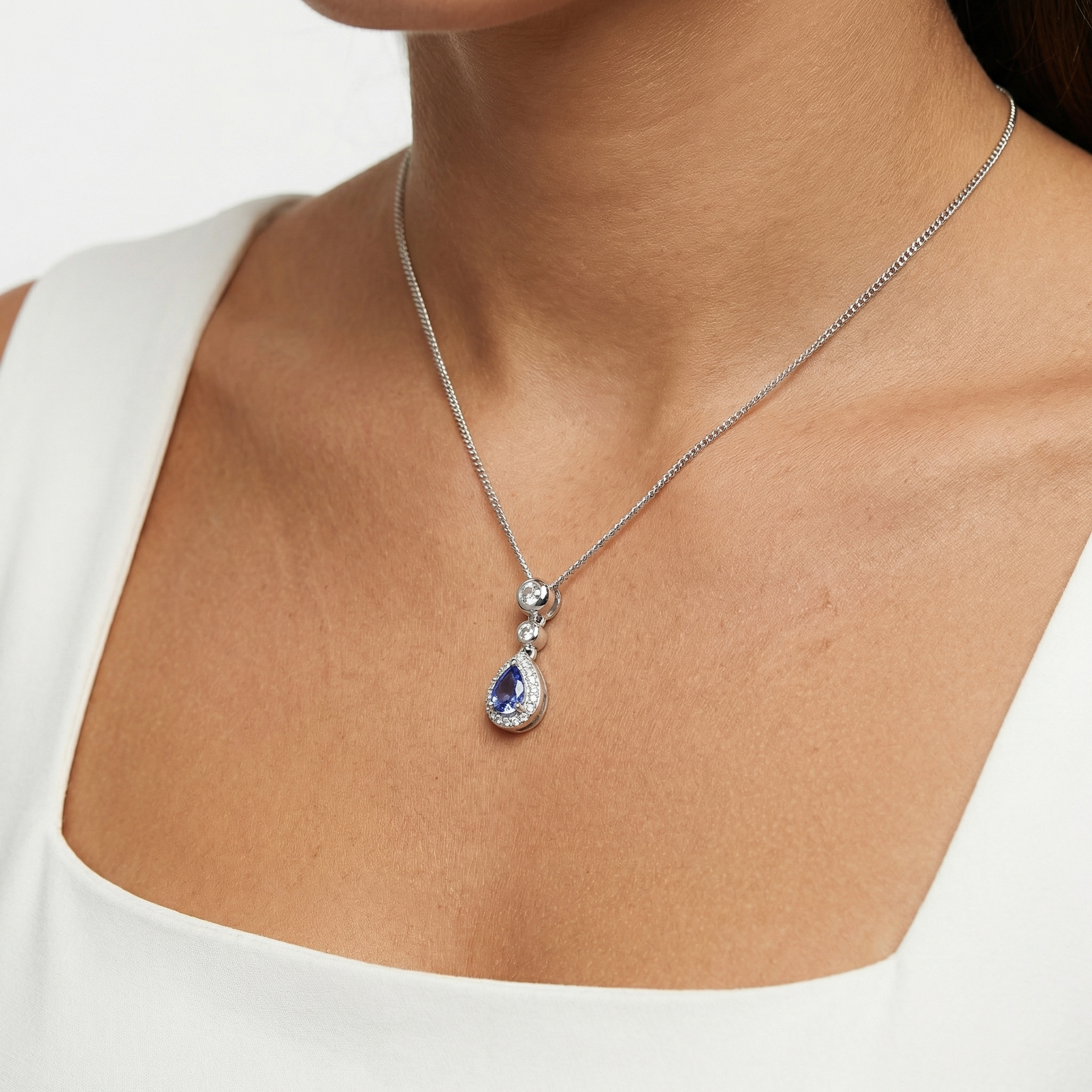 Silver Tanzanite and Cubic Zirconia Drop Pendant Necklace