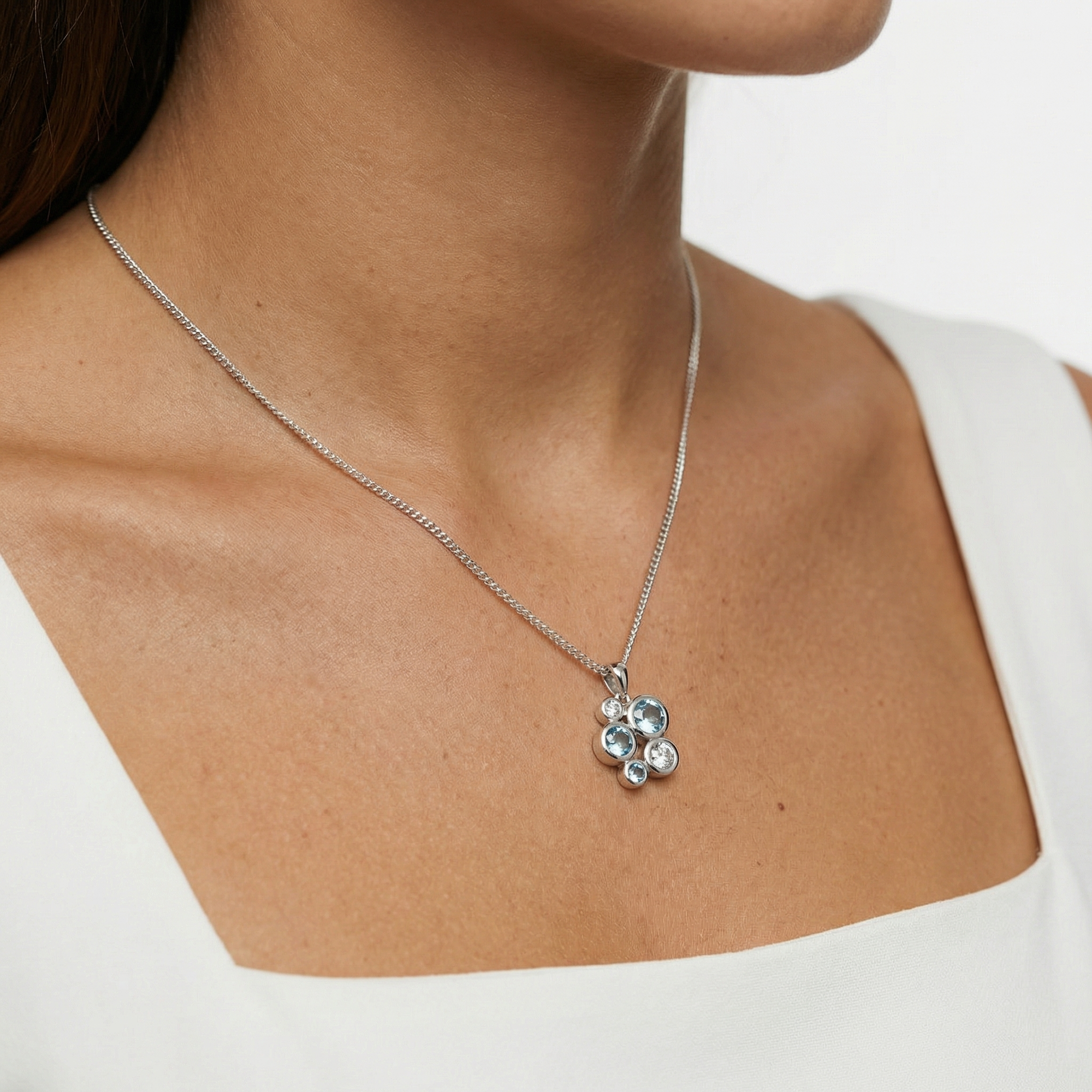 Silver Blue Topaz and CZ Bubble Pendant Necklace