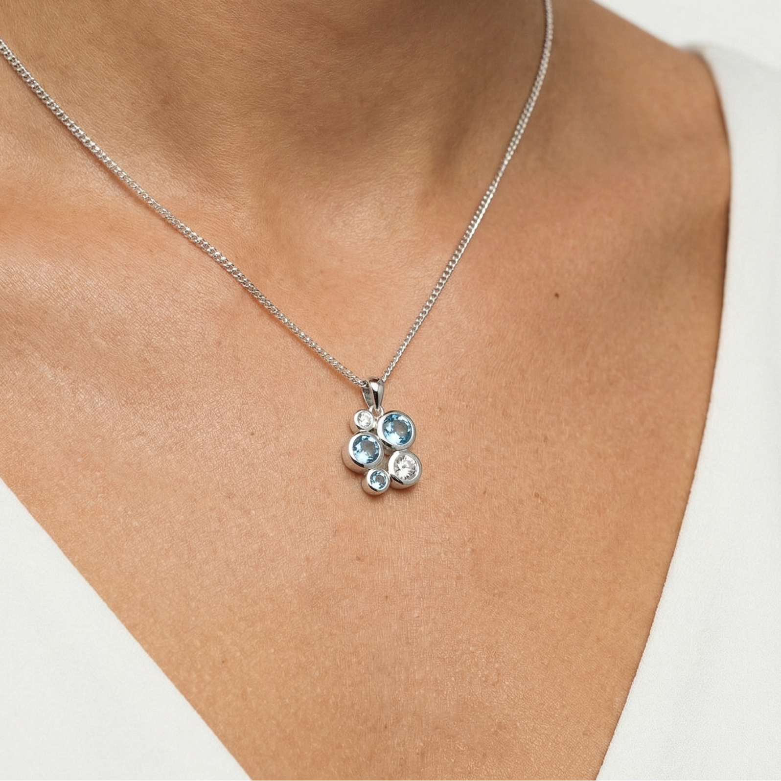 Silver Blue Topaz and CZ Bubble Pendant Necklace