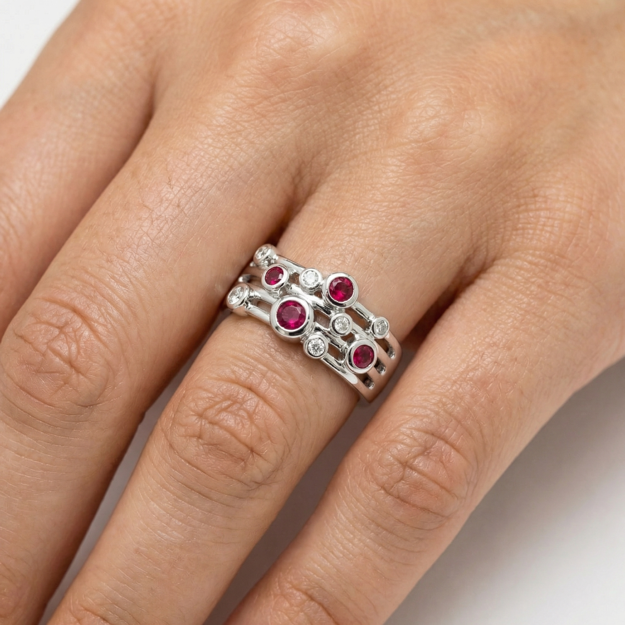 Silver Ruby and CZ Bubble Ring