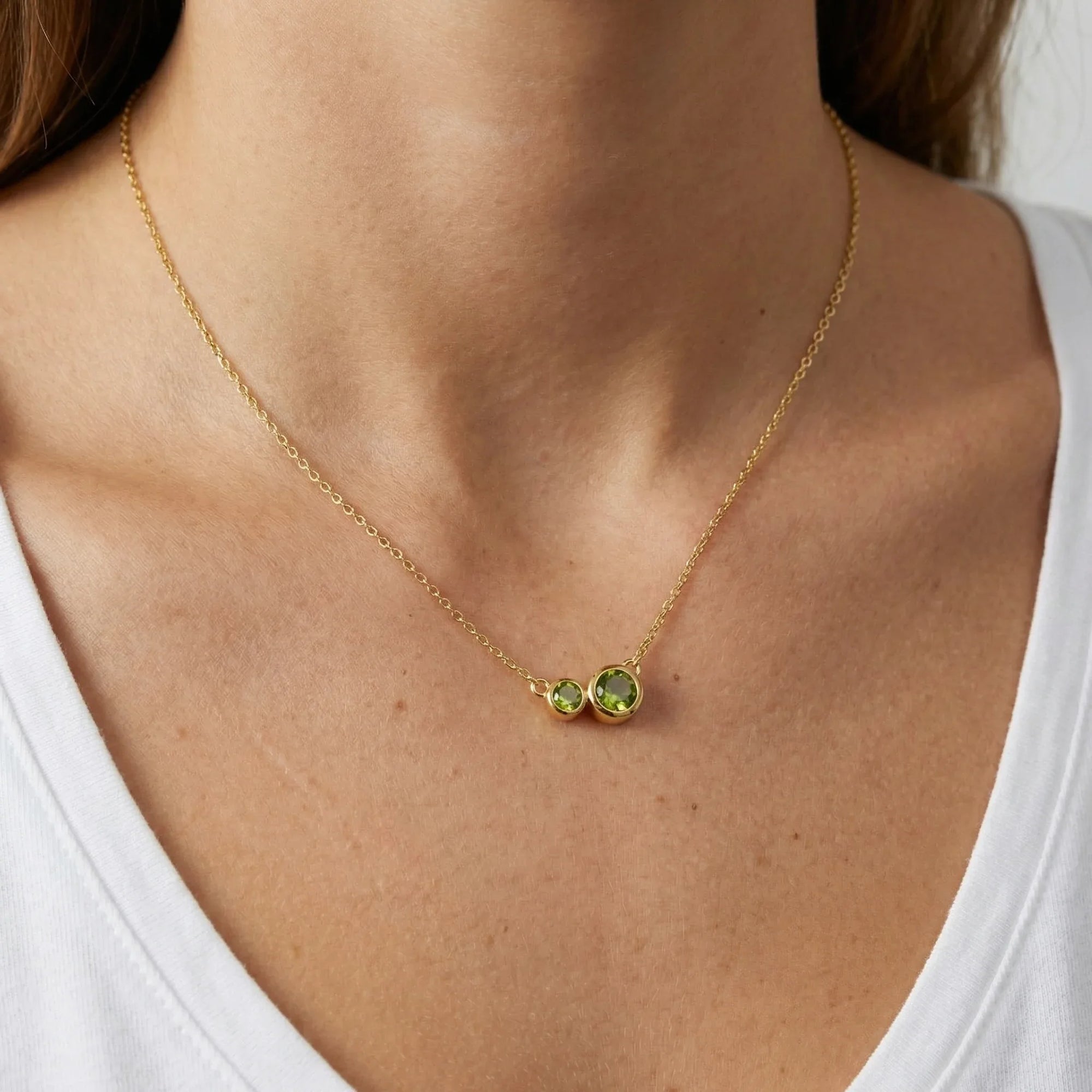 Silver Gold Plated Peridot Two Stone Necklace