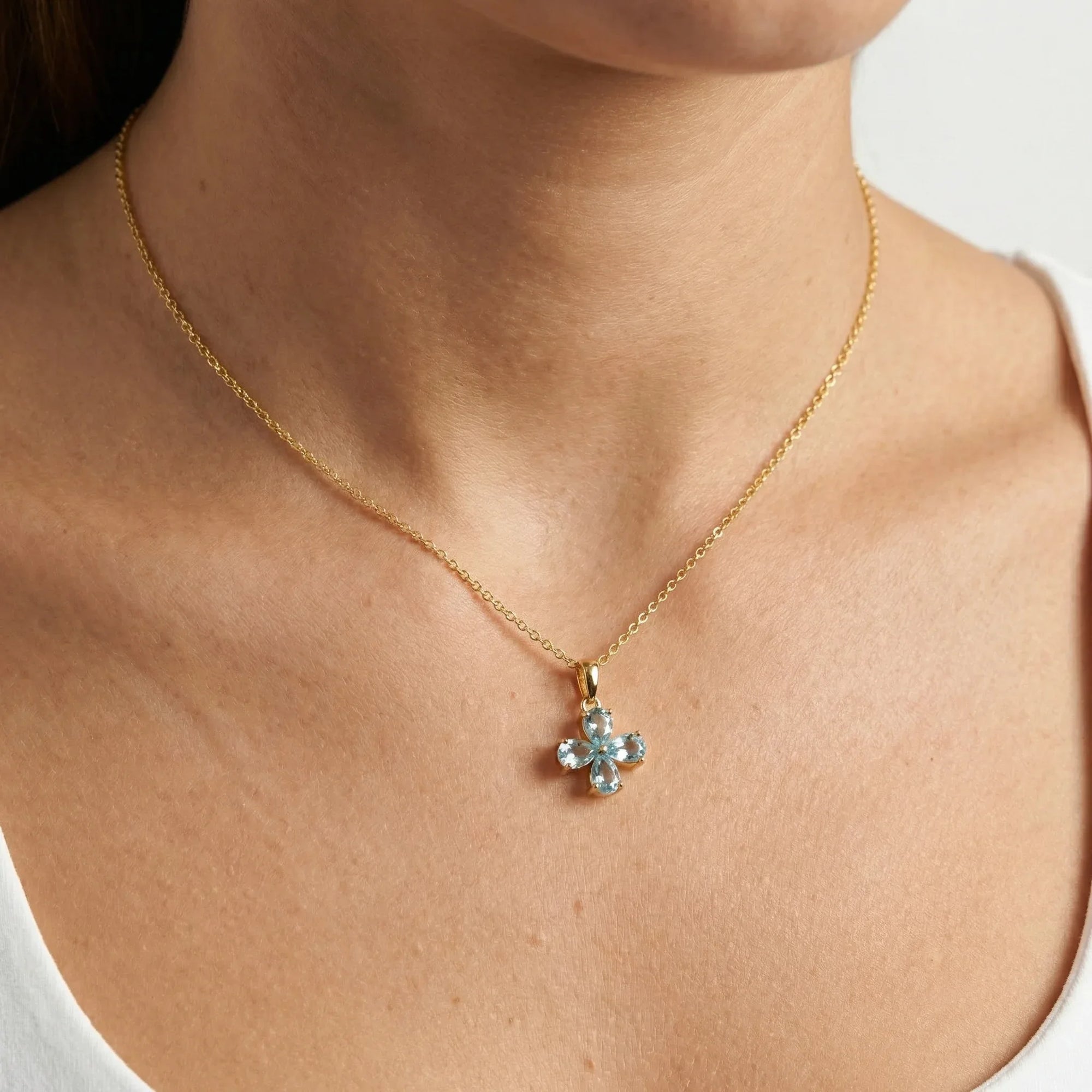 Silver Gold Plated Blue Topaz Flower Pendant Necklace