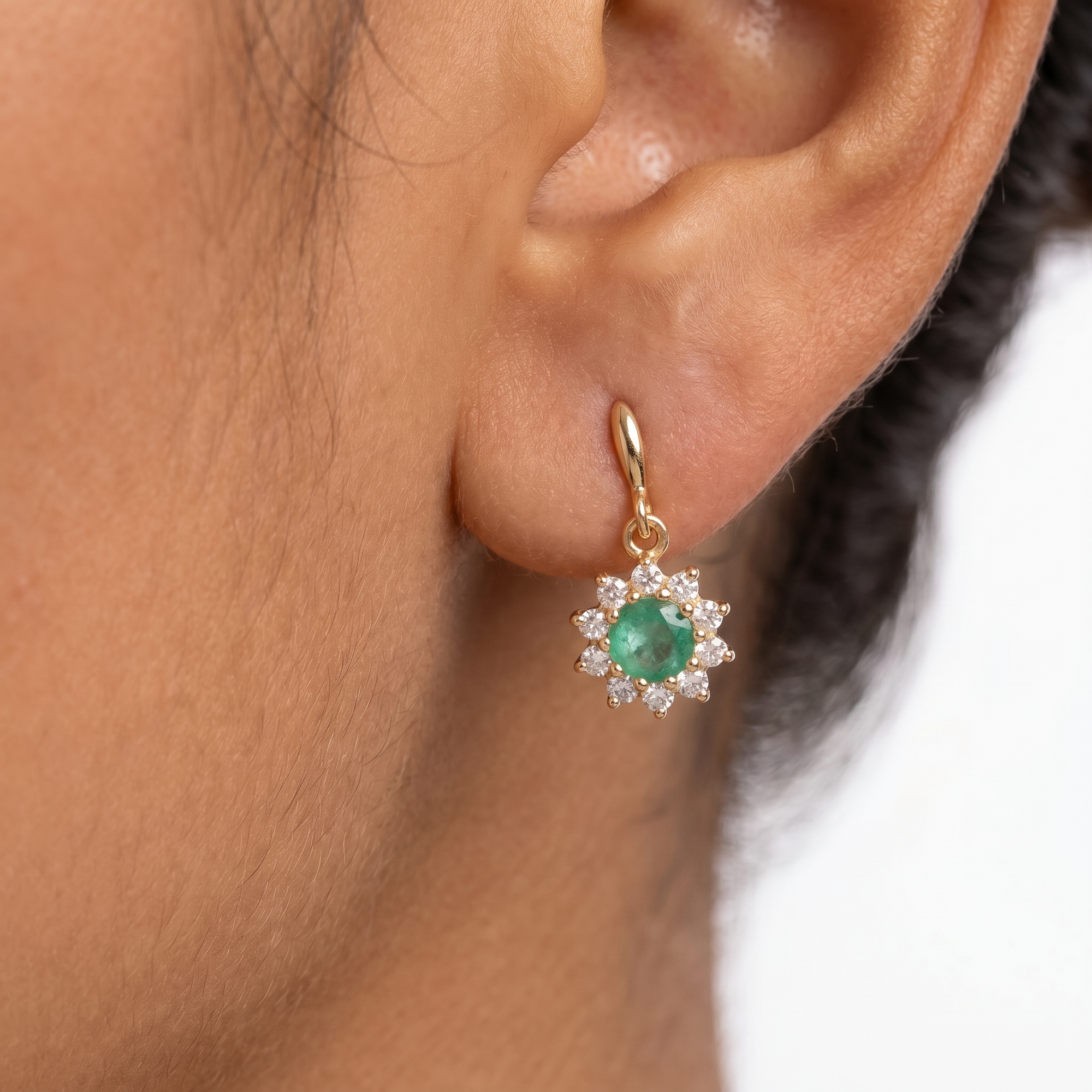 9ct Yellow Gold Emerald & CZ Cluster Drop Earrings