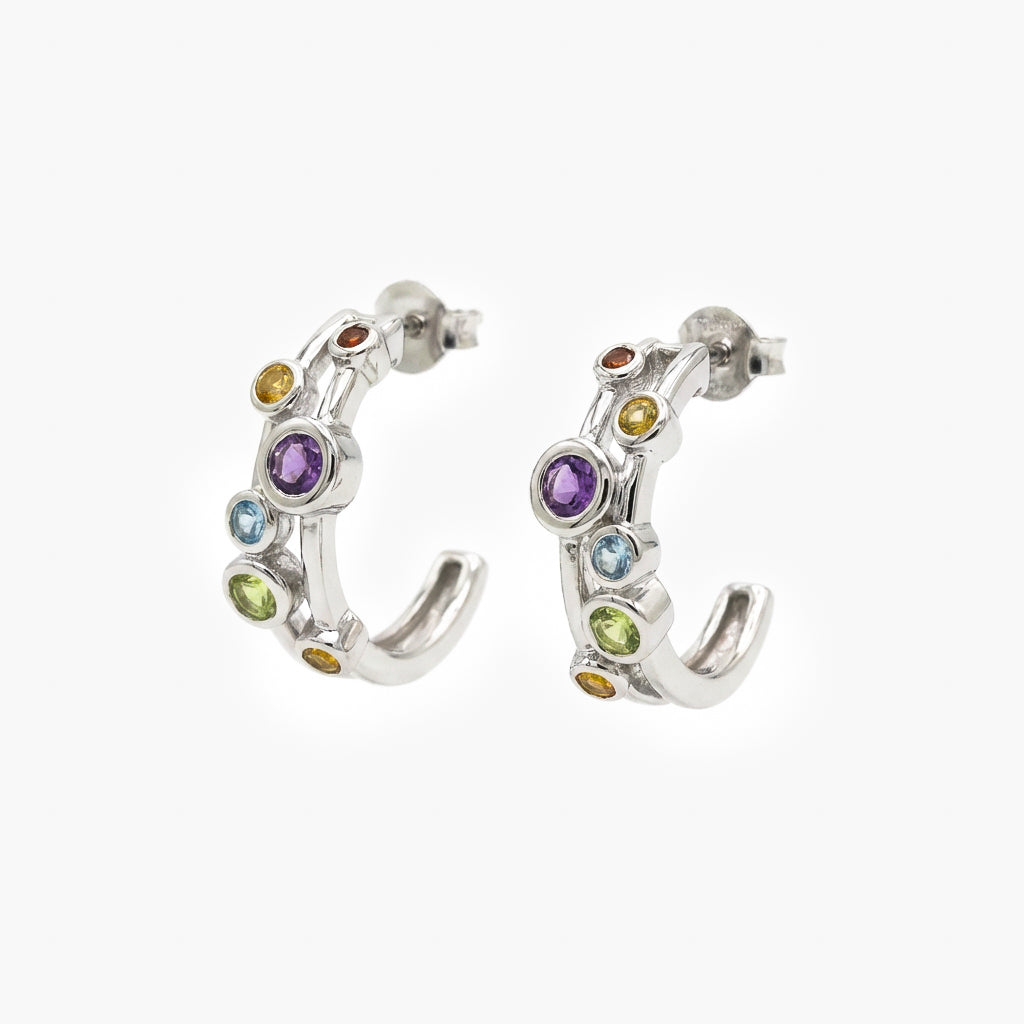 Silver Multi-Gemstone Hoop Earrings